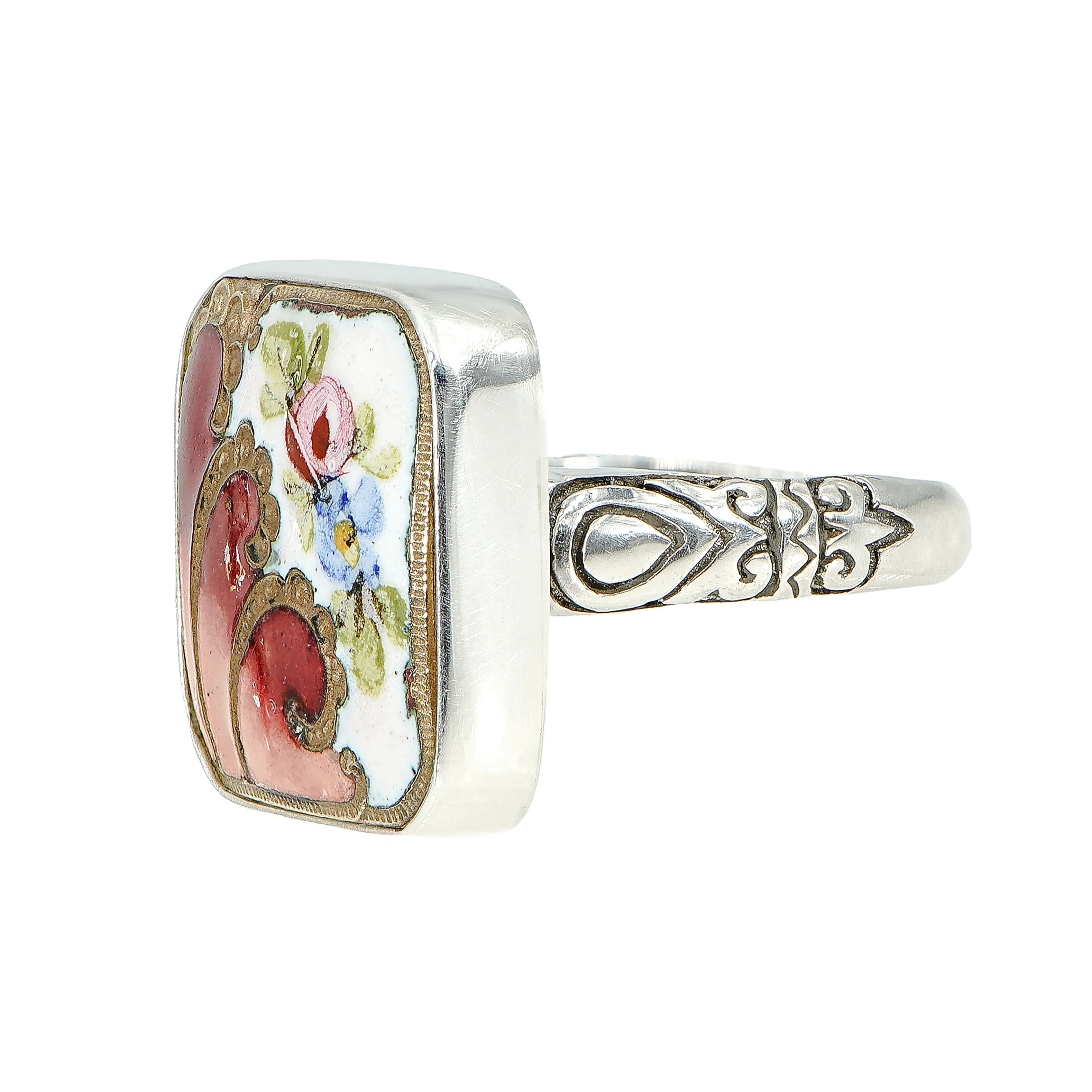 Victorian Hand Painted Floral Button Ring