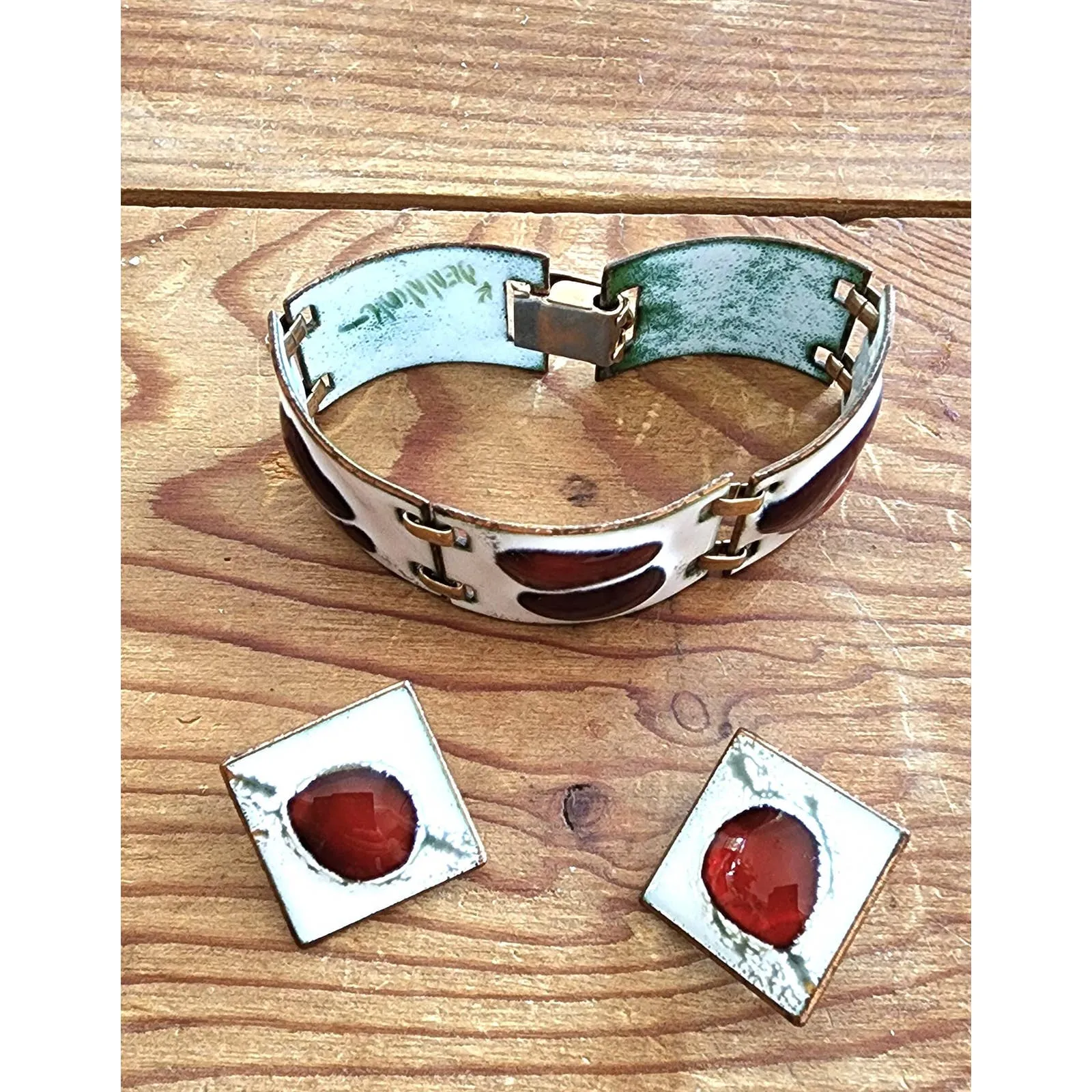 Vintage 60s Enamel Jewelry Set Bracelet Earring K Denning Scandinavian MCM Signed