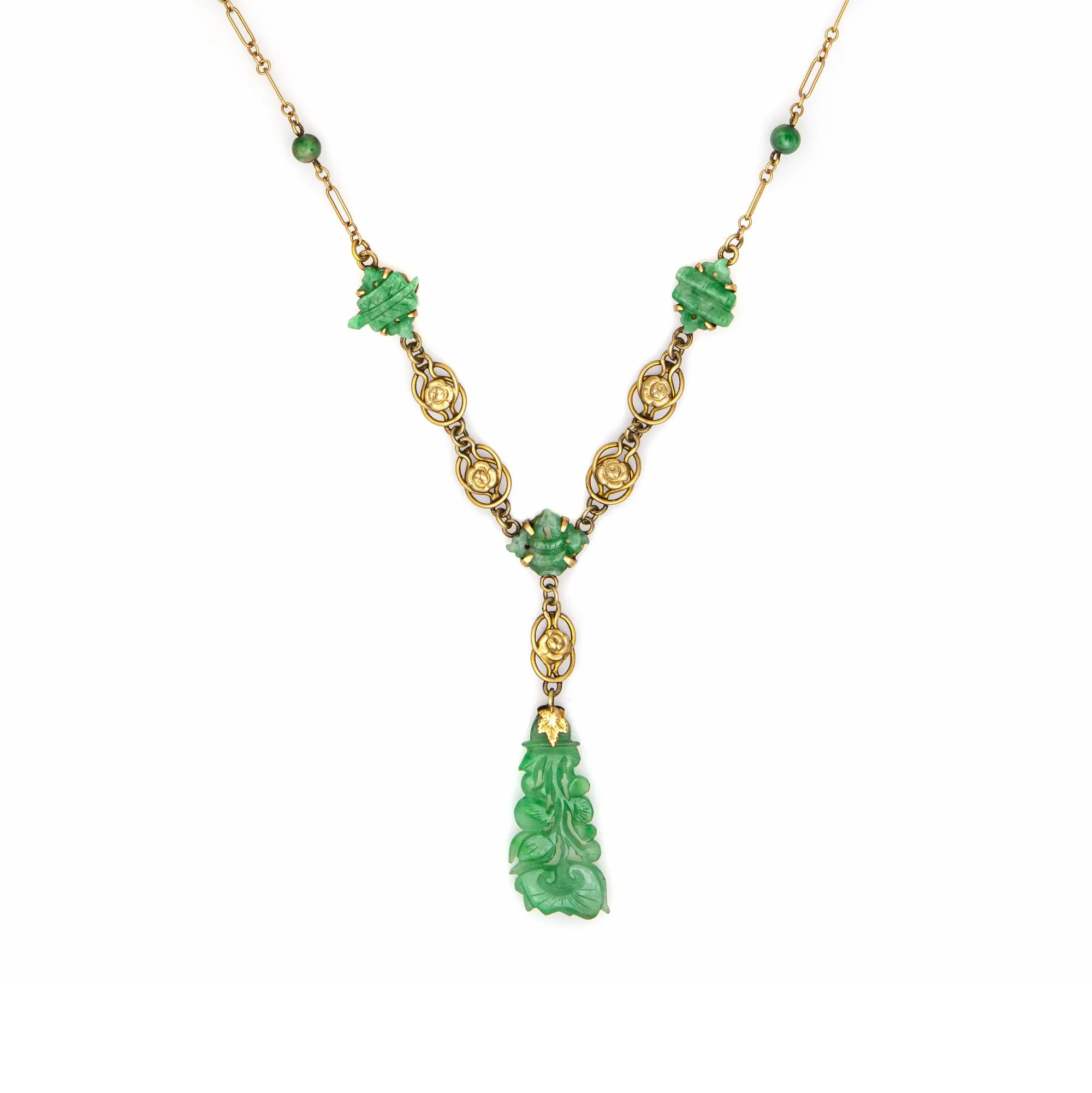 Vintage Art Deco Drop Necklace Carved Jade 14k Yellow Gold 17.5" Flower Jewelry