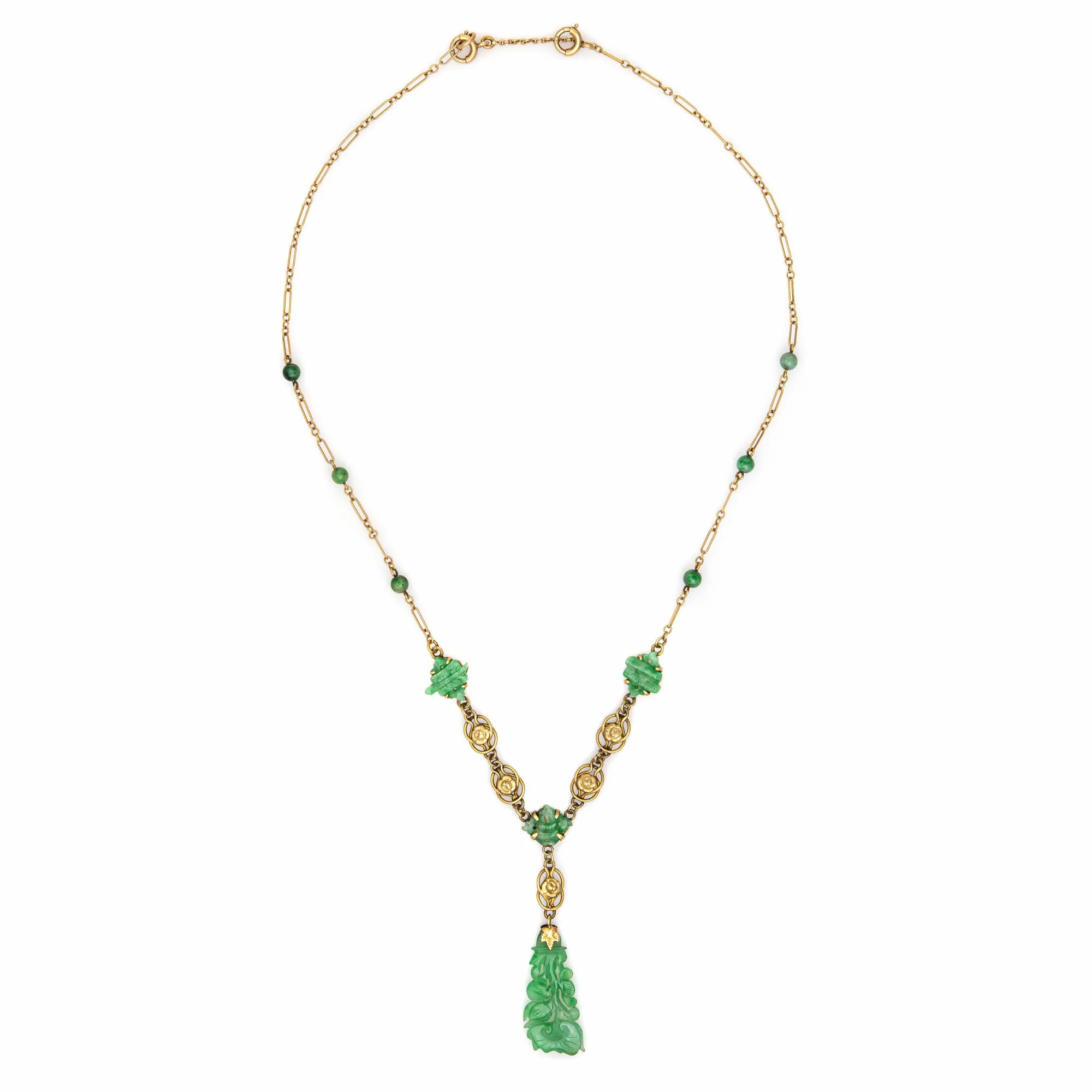Vintage Art Deco Drop Necklace Carved Jade 14k Yellow Gold 17.5" Flower Jewelry