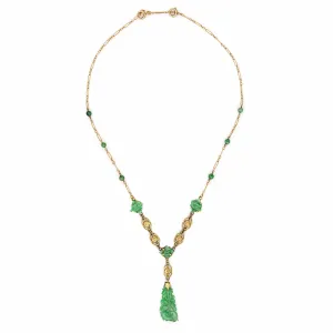 Vintage Art Deco Drop Necklace Carved Jade 14k Yellow Gold 17.5" Flower Jewelry