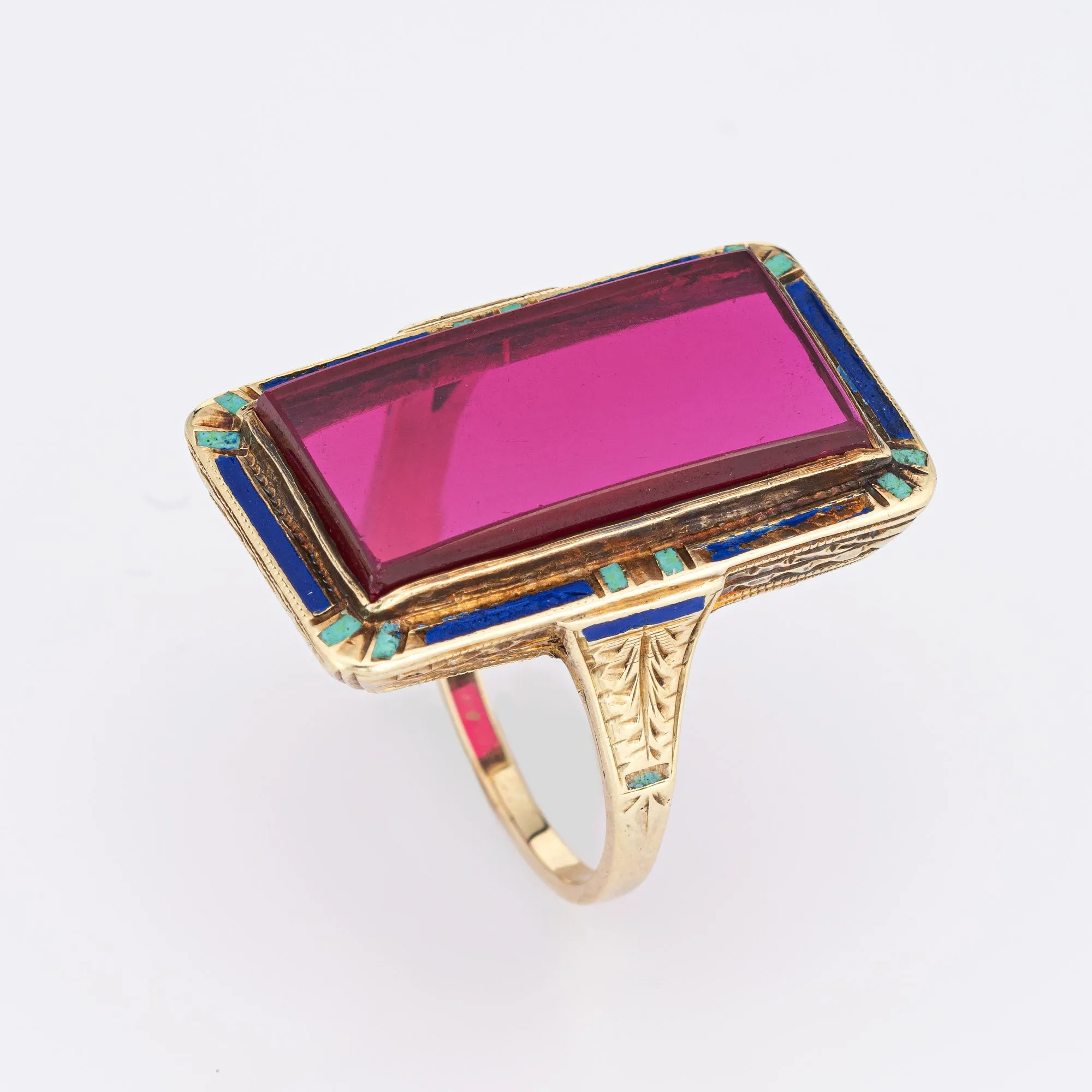 Vintage Art Deco Enamel Ring 14k Yellow Gold Long Square Cocktail Jewelry 7.25