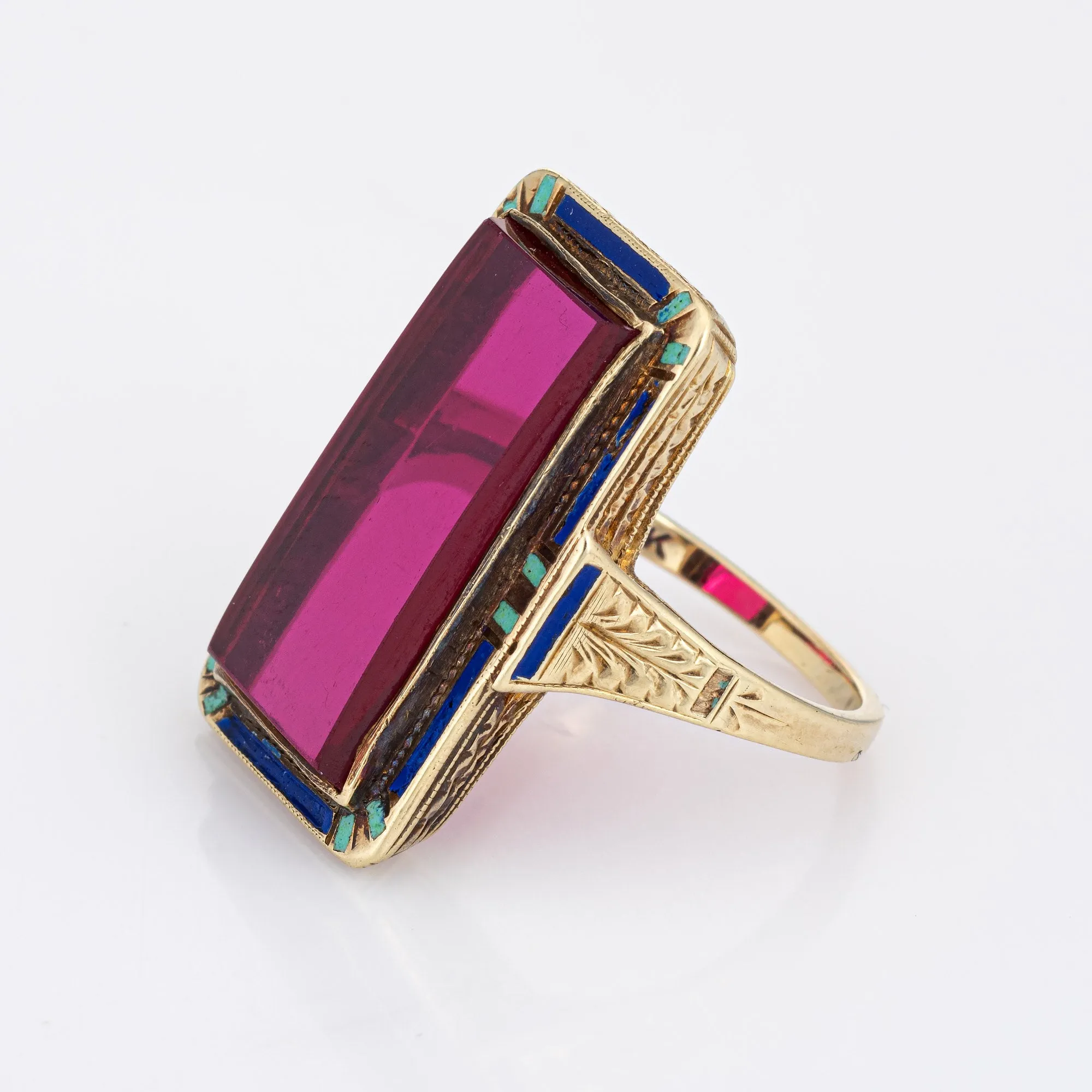 Vintage Art Deco Enamel Ring 14k Yellow Gold Long Square Cocktail Jewelry 7.25