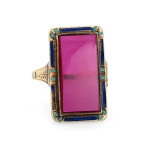 Vintage Art Deco Enamel Ring 14k Yellow Gold Long Square Cocktail Jewelry 7.25