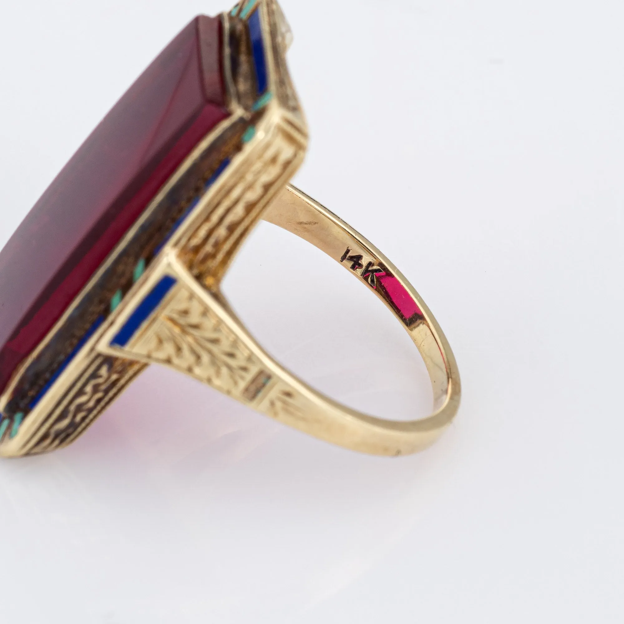 Vintage Art Deco Enamel Ring 14k Yellow Gold Long Square Cocktail Jewelry 7.25