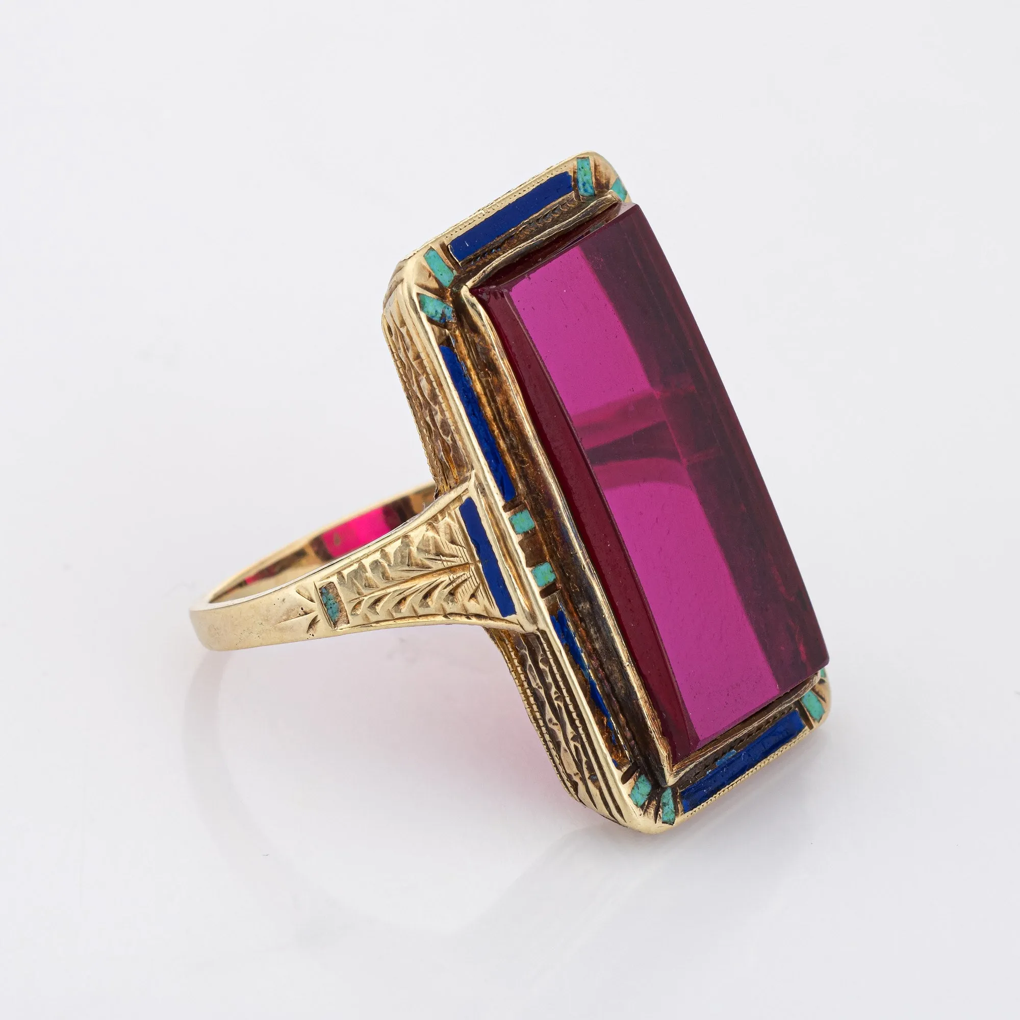 Vintage Art Deco Enamel Ring 14k Yellow Gold Long Square Cocktail Jewelry 7.25
