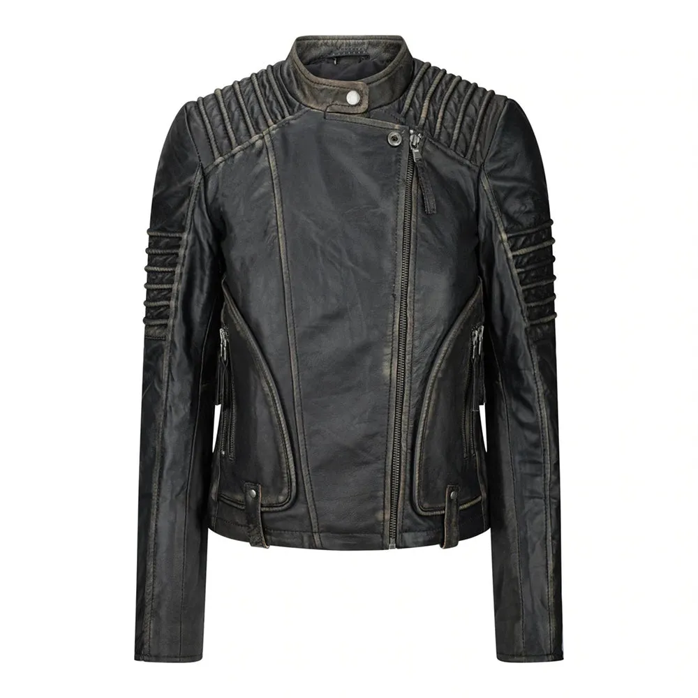 Vintage Cafe Racer Black Slim Fit Leather Jacket Womens