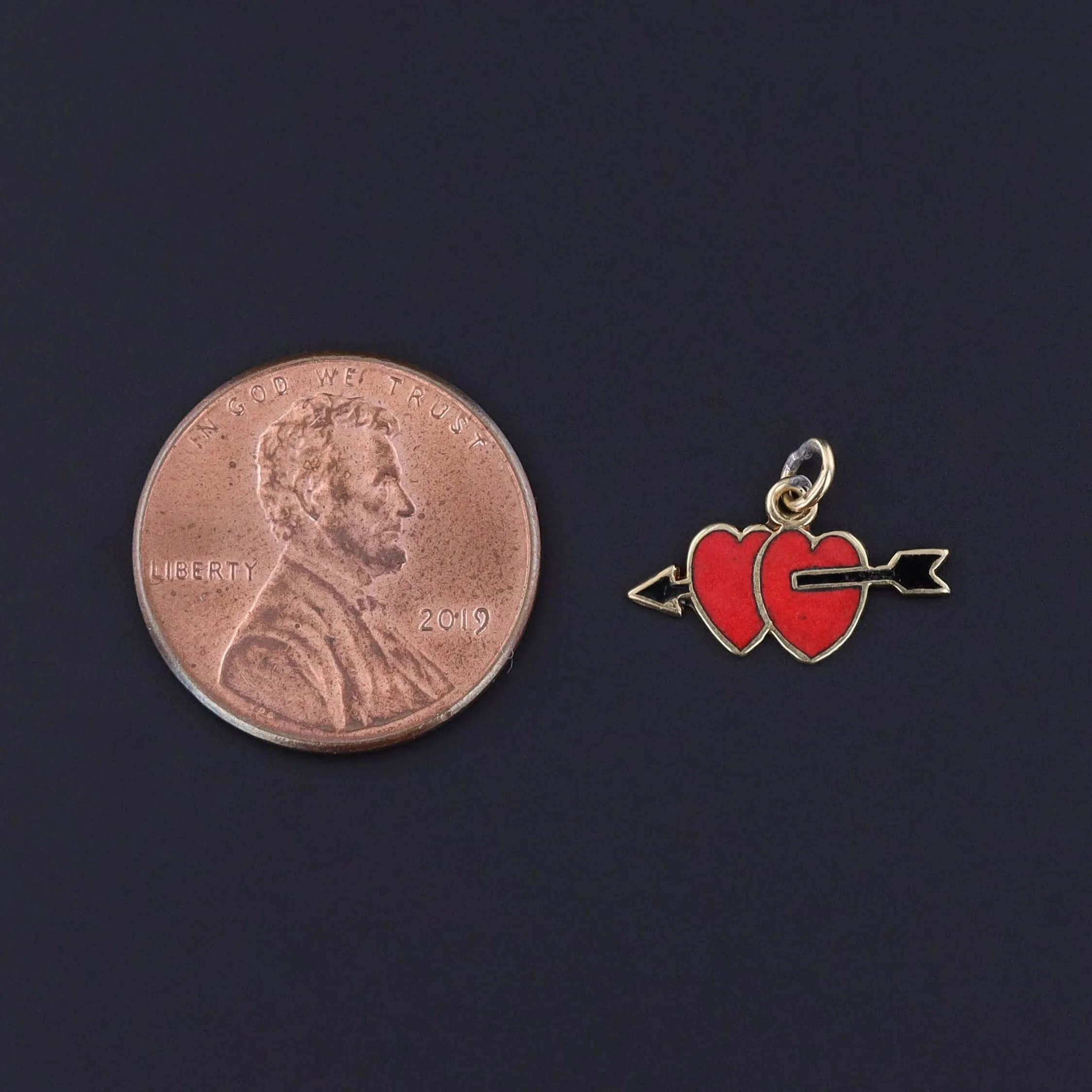 Vintage Enamel Double Heart Charm of 14k Gold