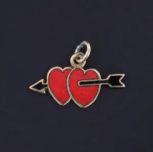 Vintage Enamel Double Heart Charm of 14k Gold