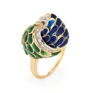 Vintage Green Blue Enamel Diamond Ring 18k Yellow Gold Feathers Infinity Knot