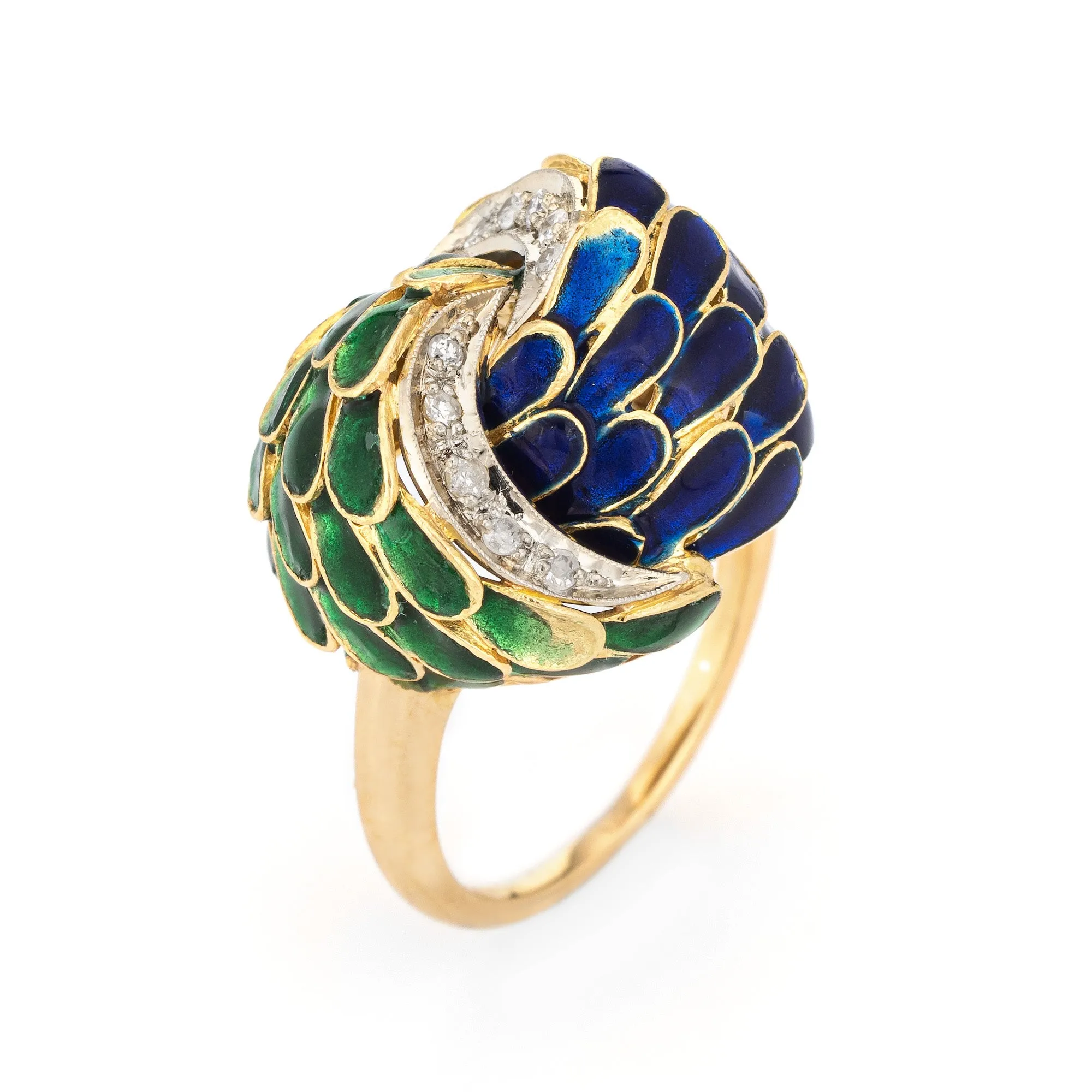 Vintage Green Blue Enamel Diamond Ring 18k Yellow Gold Feathers Infinity Knot