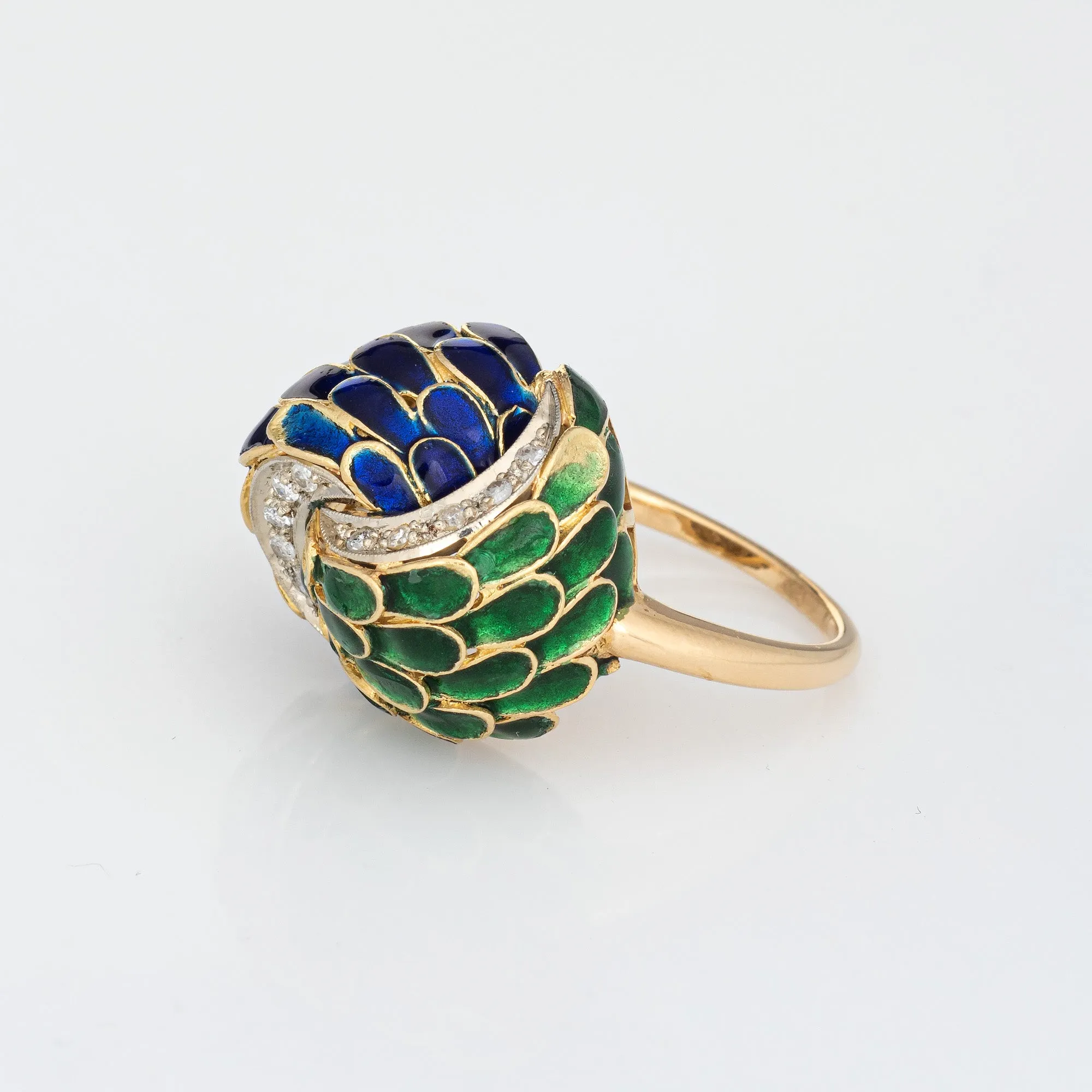 Vintage Green Blue Enamel Diamond Ring 18k Yellow Gold Feathers Infinity Knot