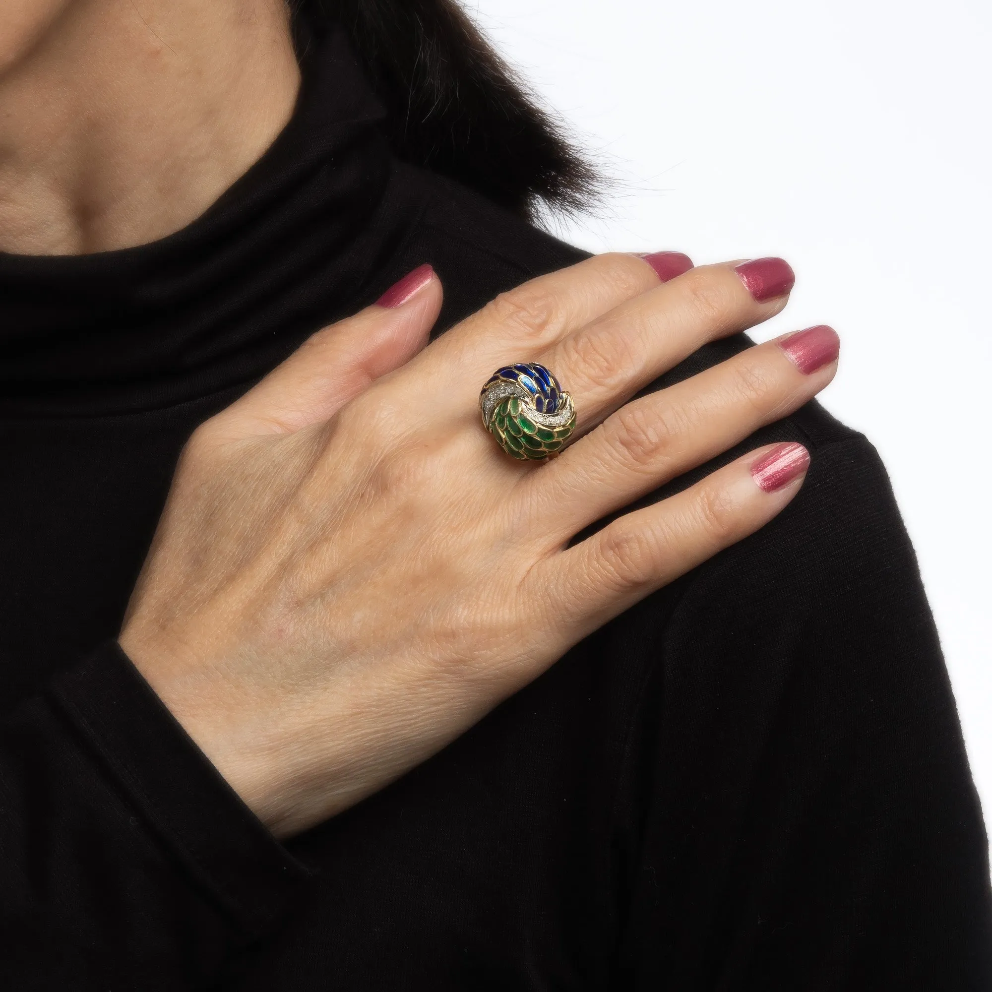 Vintage Green Blue Enamel Diamond Ring 18k Yellow Gold Feathers Infinity Knot