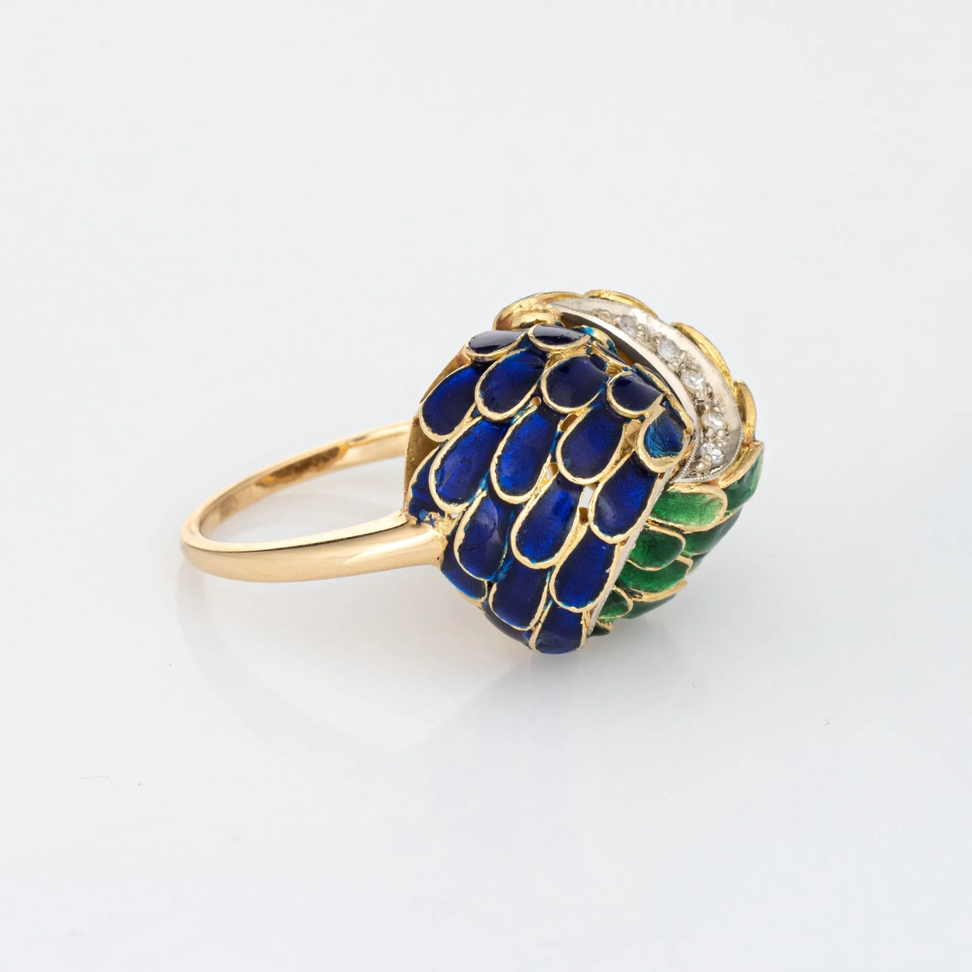 Vintage Green Blue Enamel Diamond Ring 18k Yellow Gold Feathers Infinity Knot