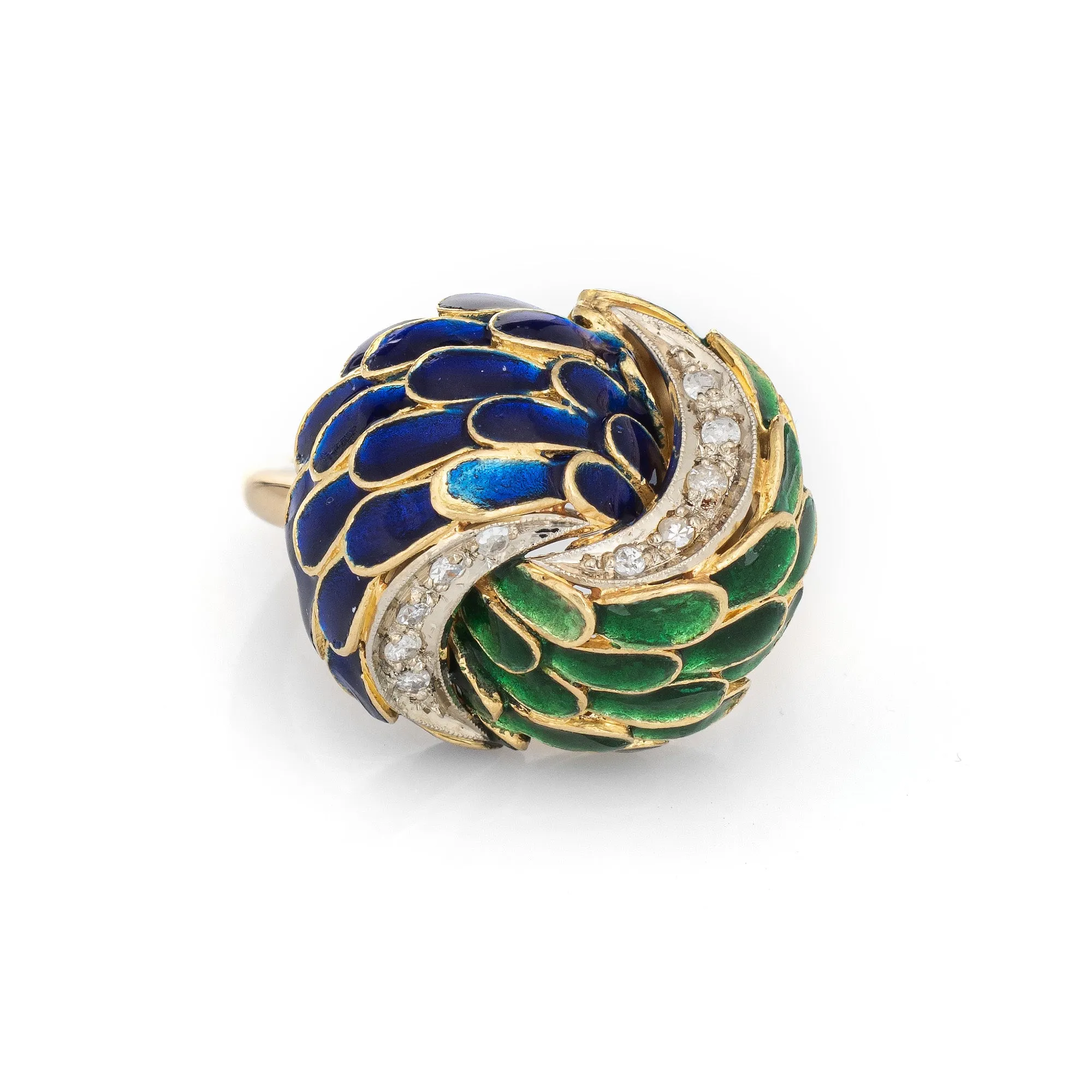 Vintage Green Blue Enamel Diamond Ring 18k Yellow Gold Feathers Infinity Knot