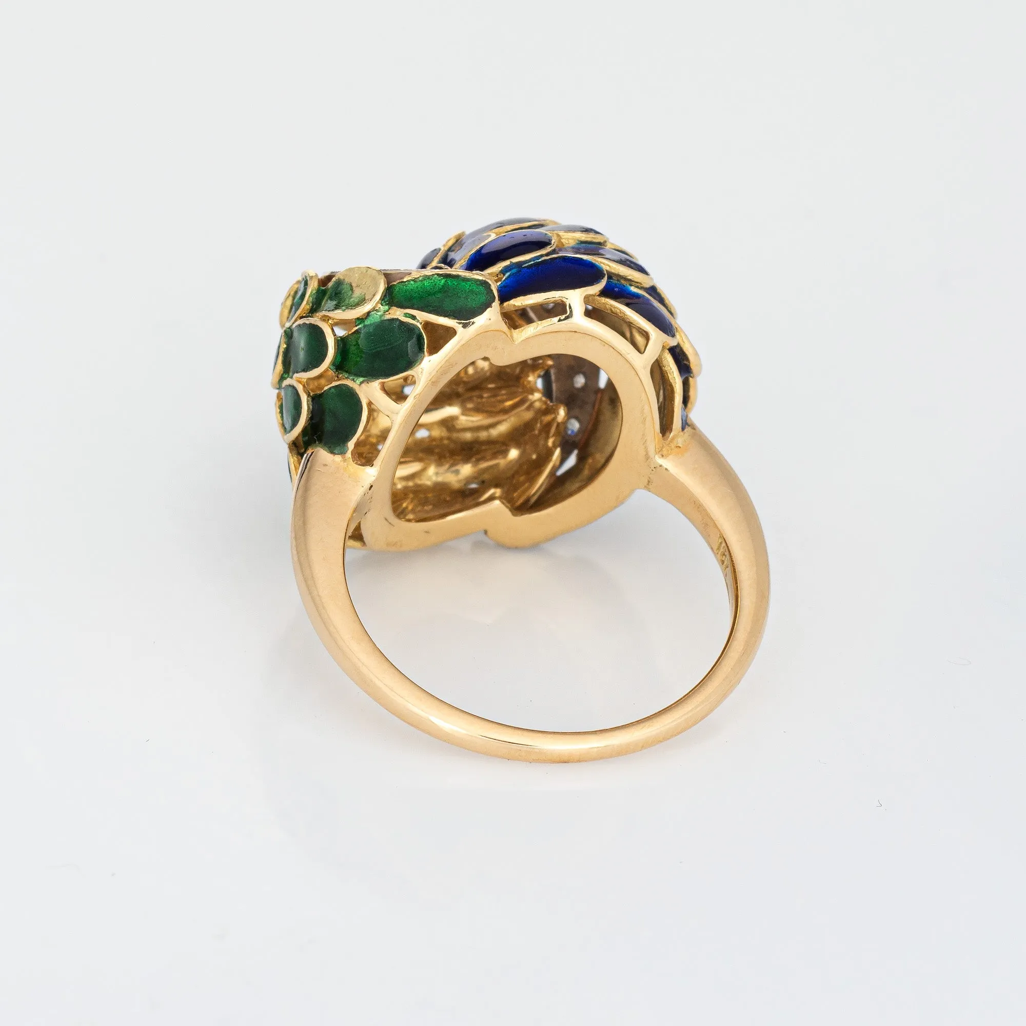 Vintage Green Blue Enamel Diamond Ring 18k Yellow Gold Feathers Infinity Knot