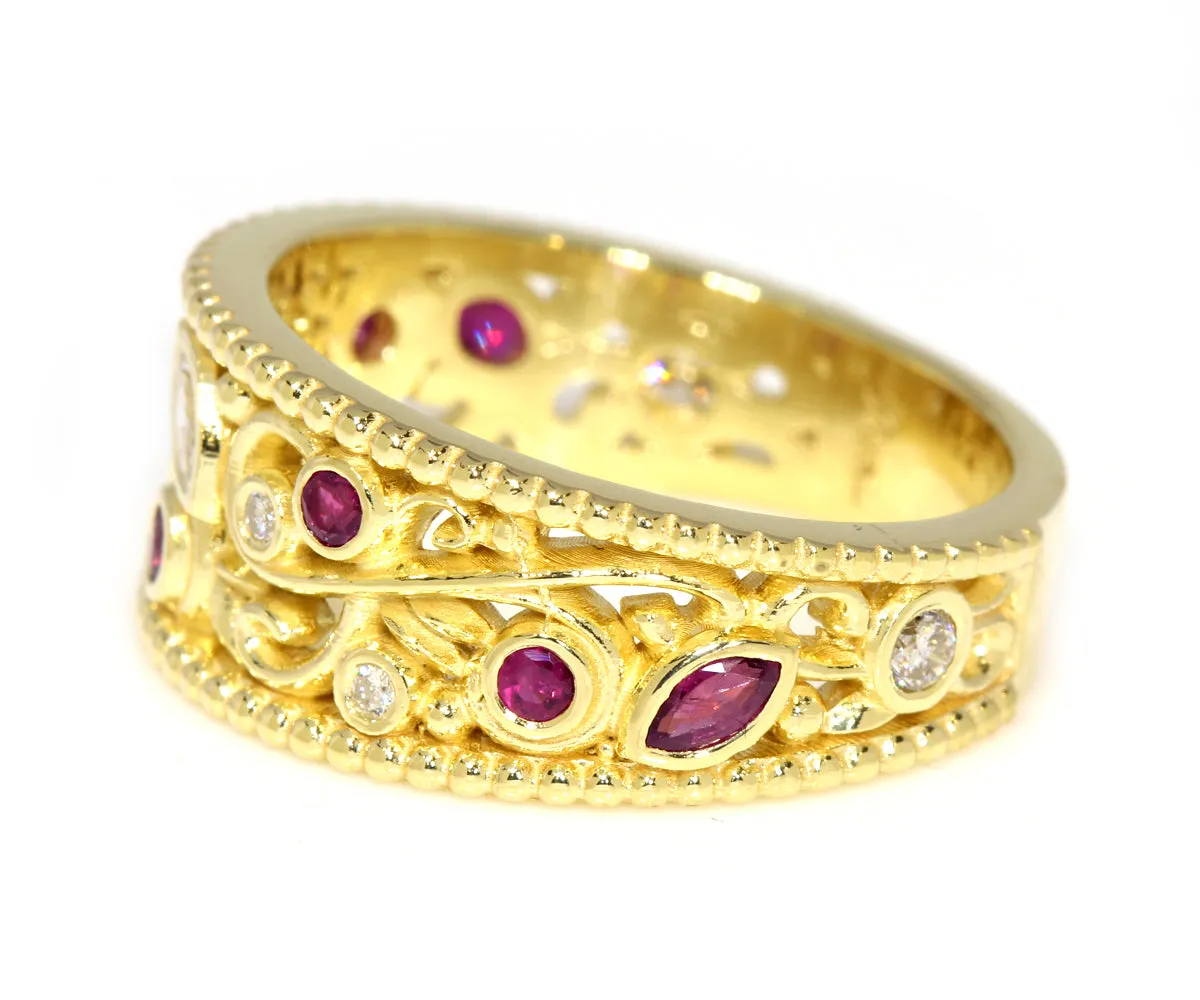 Vintage Swirl Diamond and Ruby Ring