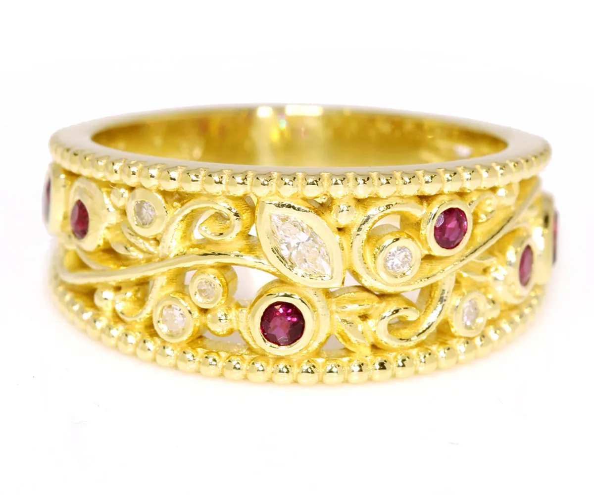 Vintage Swirl Diamond and Ruby Ring
