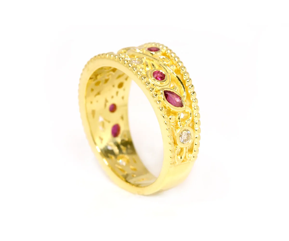 Vintage Swirl Diamond and Ruby Ring
