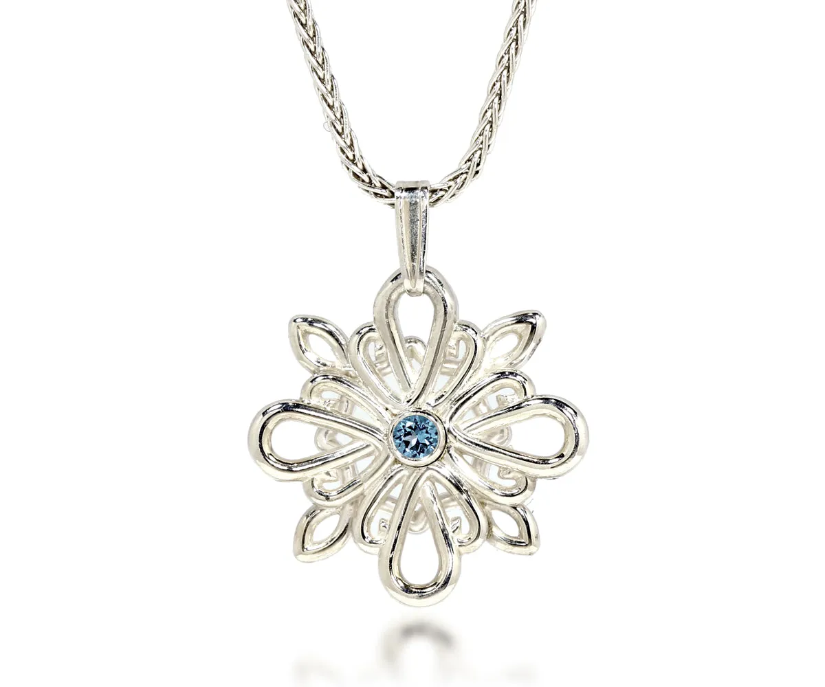 Vintage Swirl Snowflake Topaz Silver Necklace