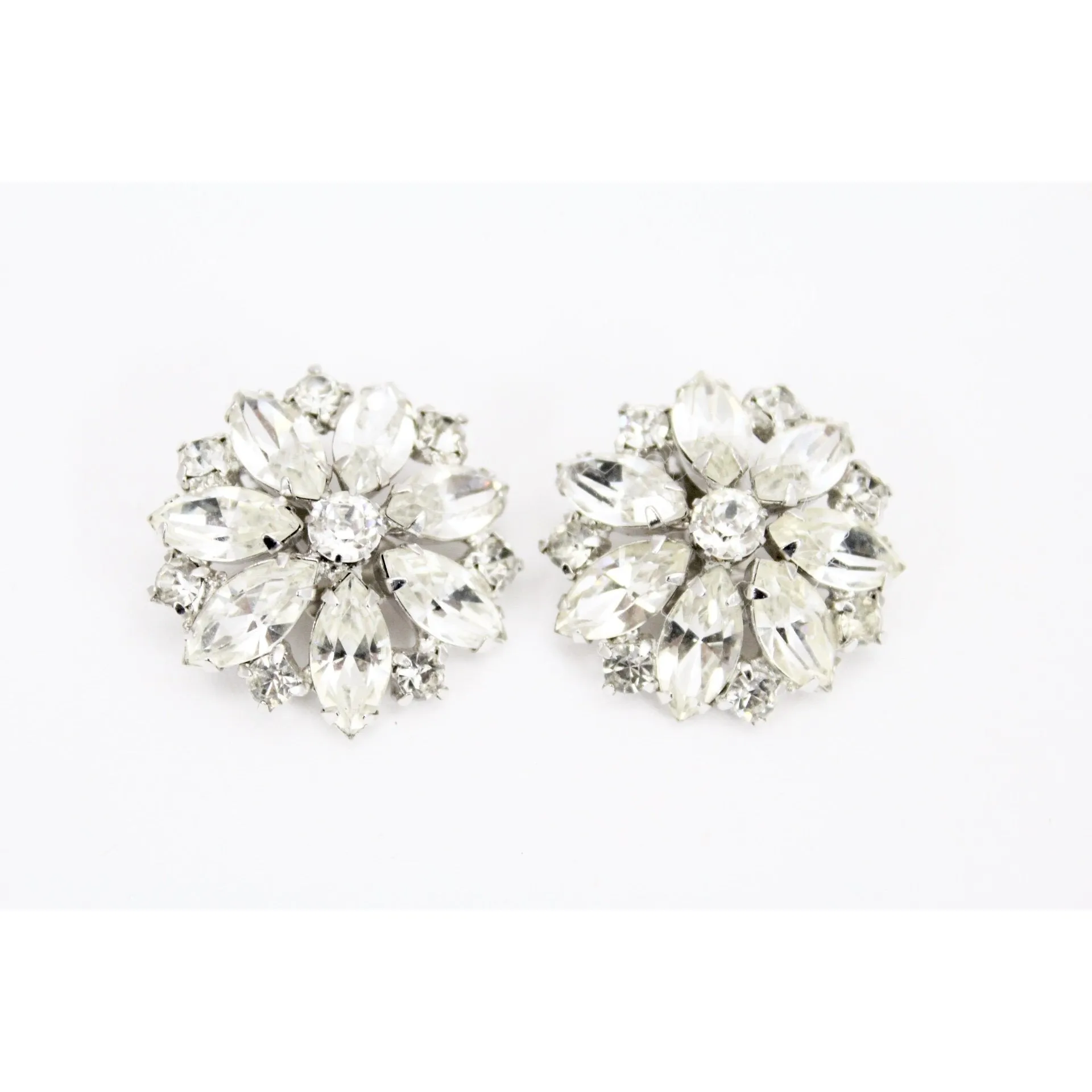 Vtg WEISS Earrings  Marquise White RHINESTONE Flower Clip On 1.5" Signed Octagon Round