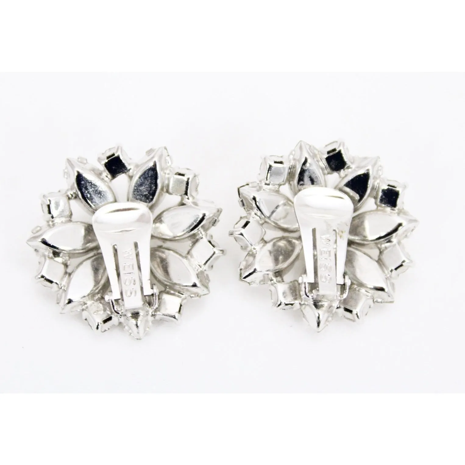 Vtg WEISS Earrings  Marquise White RHINESTONE Flower Clip On 1.5" Signed Octagon Round