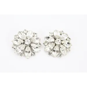 Vtg WEISS Earrings  Marquise White RHINESTONE Flower Clip On 1.5" Signed Octagon Round