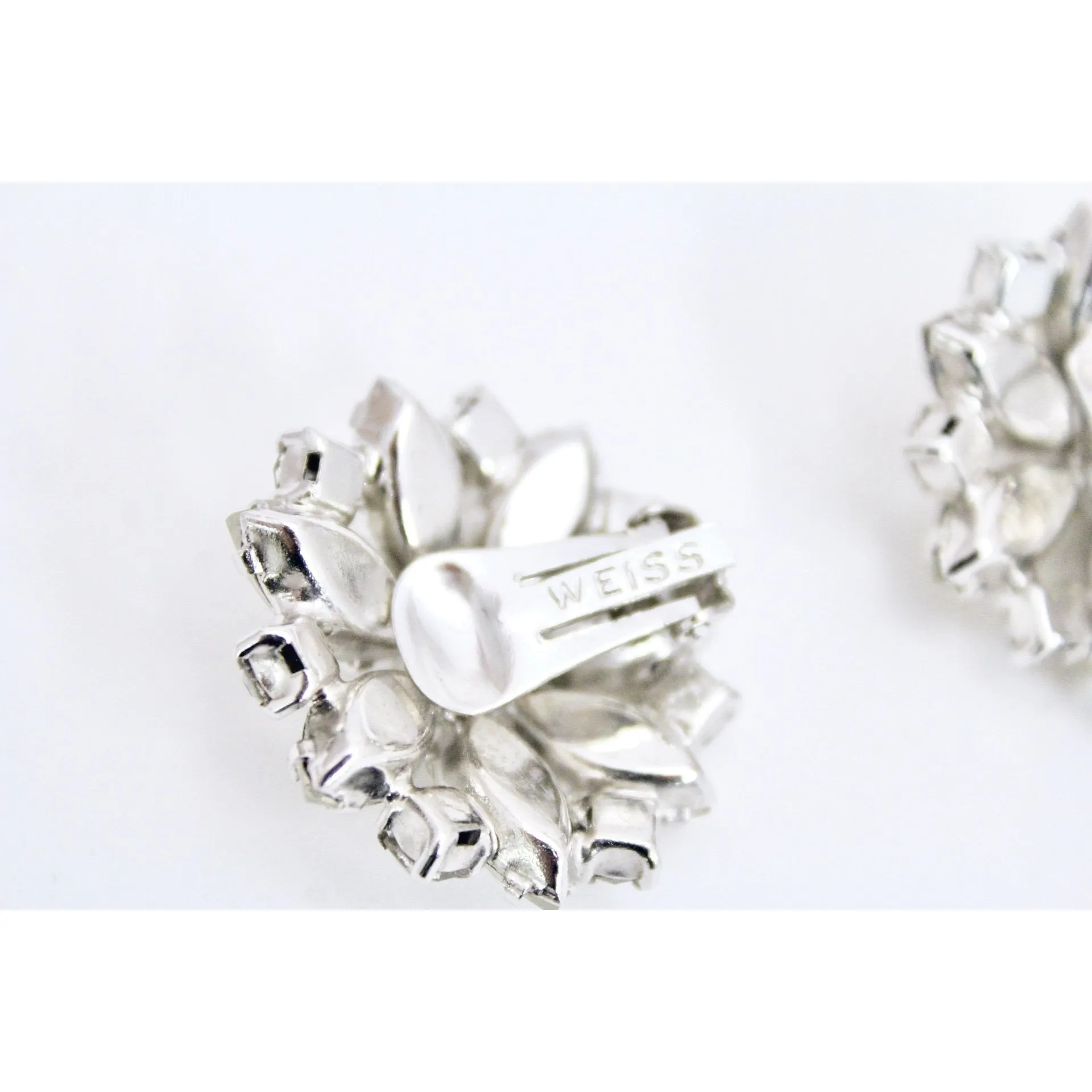 Vtg WEISS Earrings  Marquise White RHINESTONE Flower Clip On 1.5" Signed Octagon Round