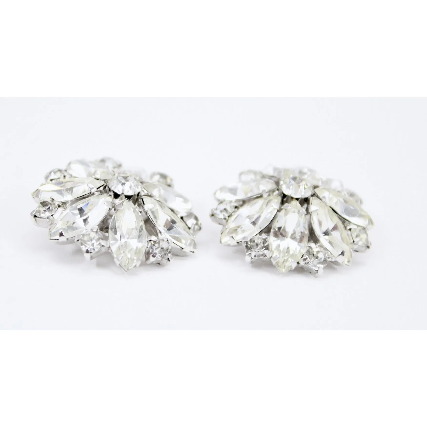 Vtg WEISS Earrings  Marquise White RHINESTONE Flower Clip On 1.5" Signed Octagon Round