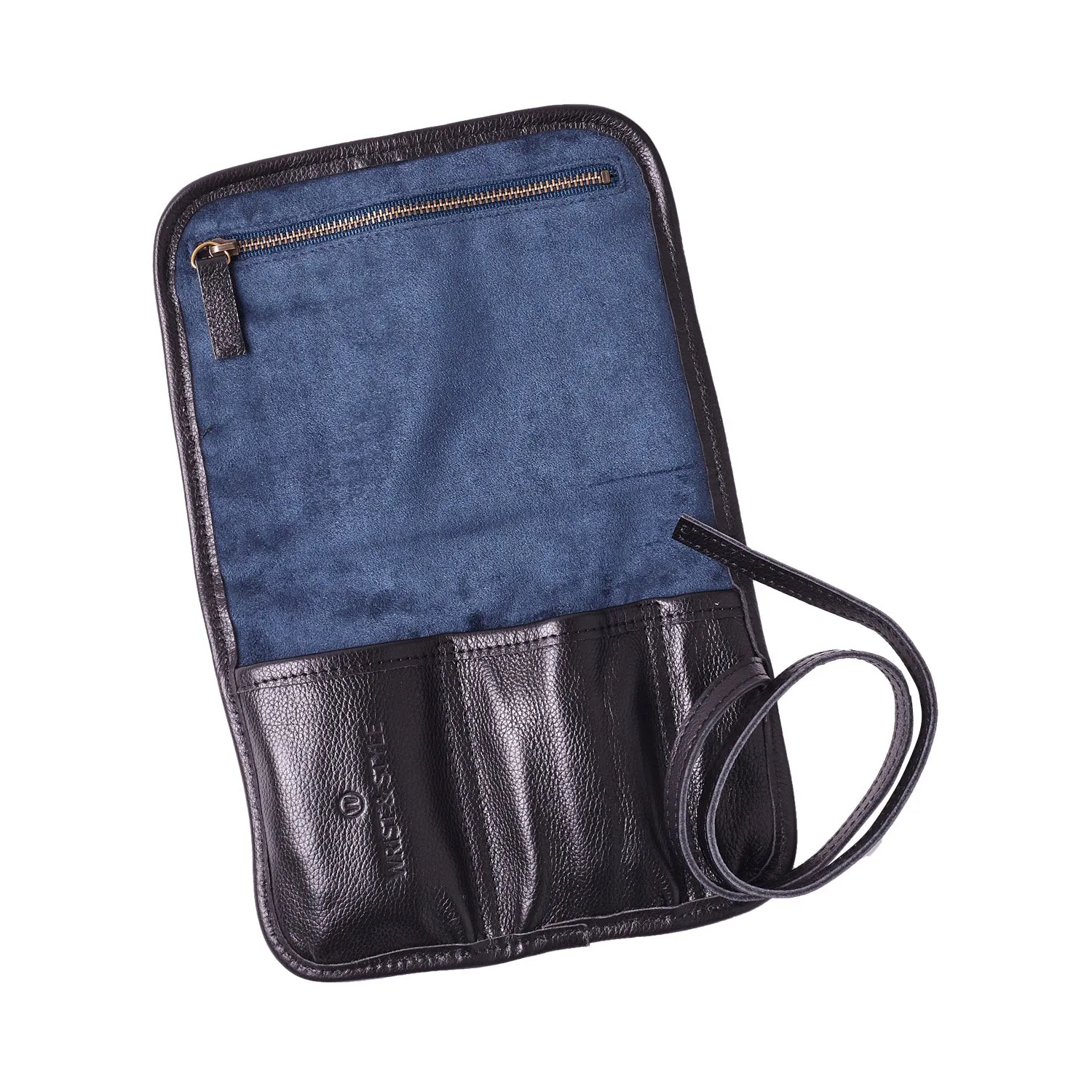 W&S Watch Roll - Black Leather | Blue Canvas - 2 Slot