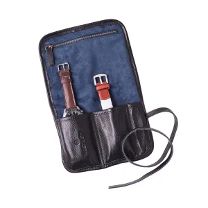 W&S Watch Roll - Black Leather | Blue Canvas - 2 Slot