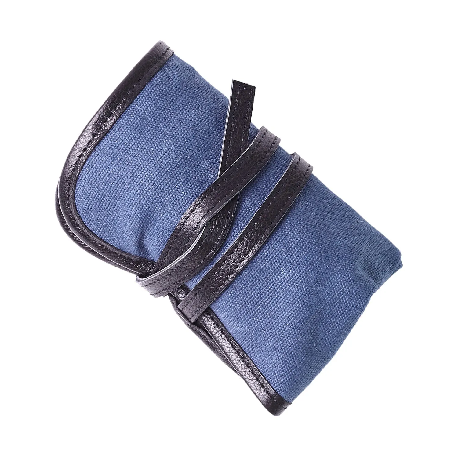 W&S Watch Roll - Black Leather | Blue Canvas - 2 Slot