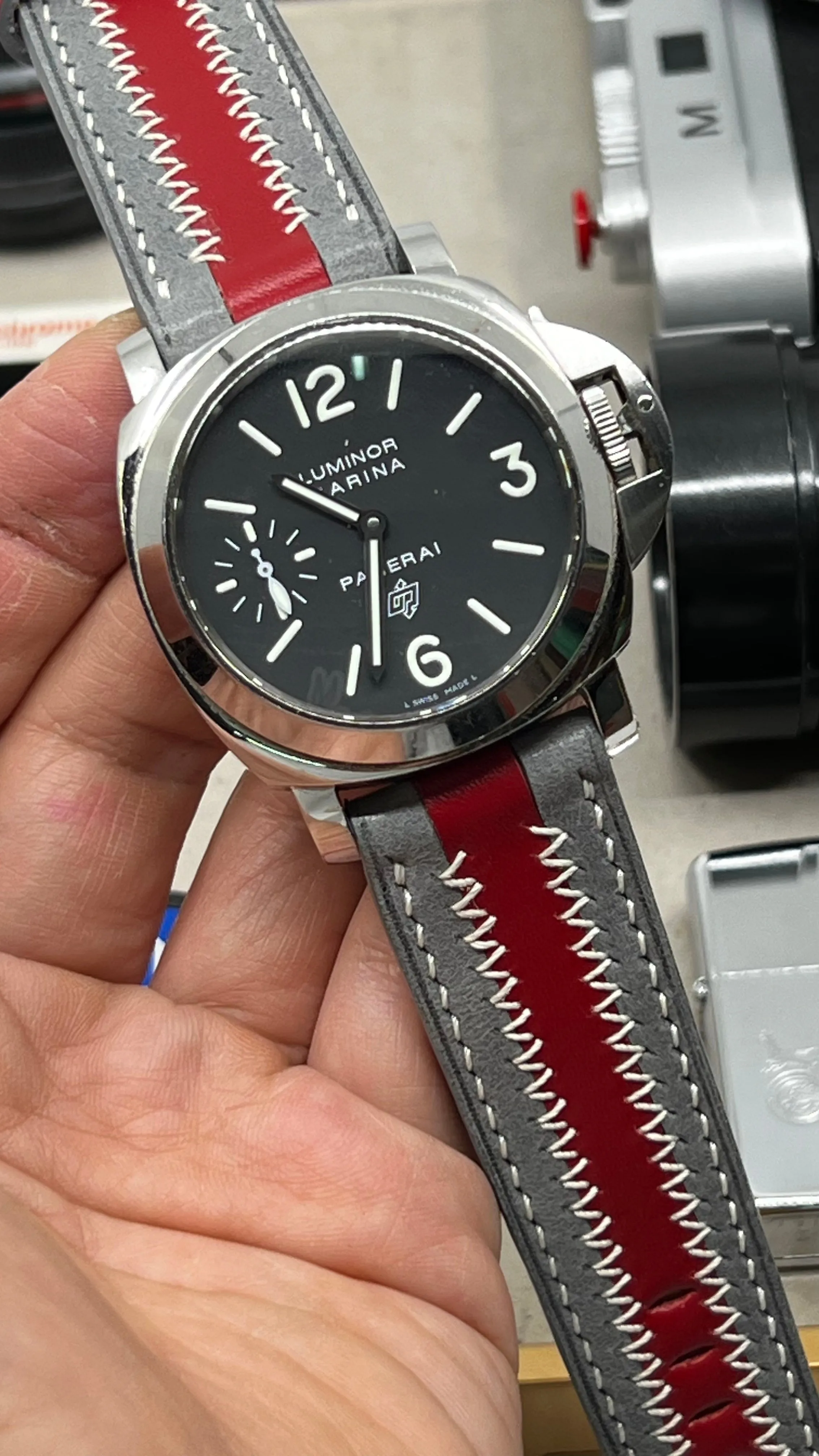 Watch Strap, Grey Red Stripe Leather Watch Band, Handmade watchband, Watch strap 24mm, zic zac pattern watchstrap, Fathers Day Gift Ideas