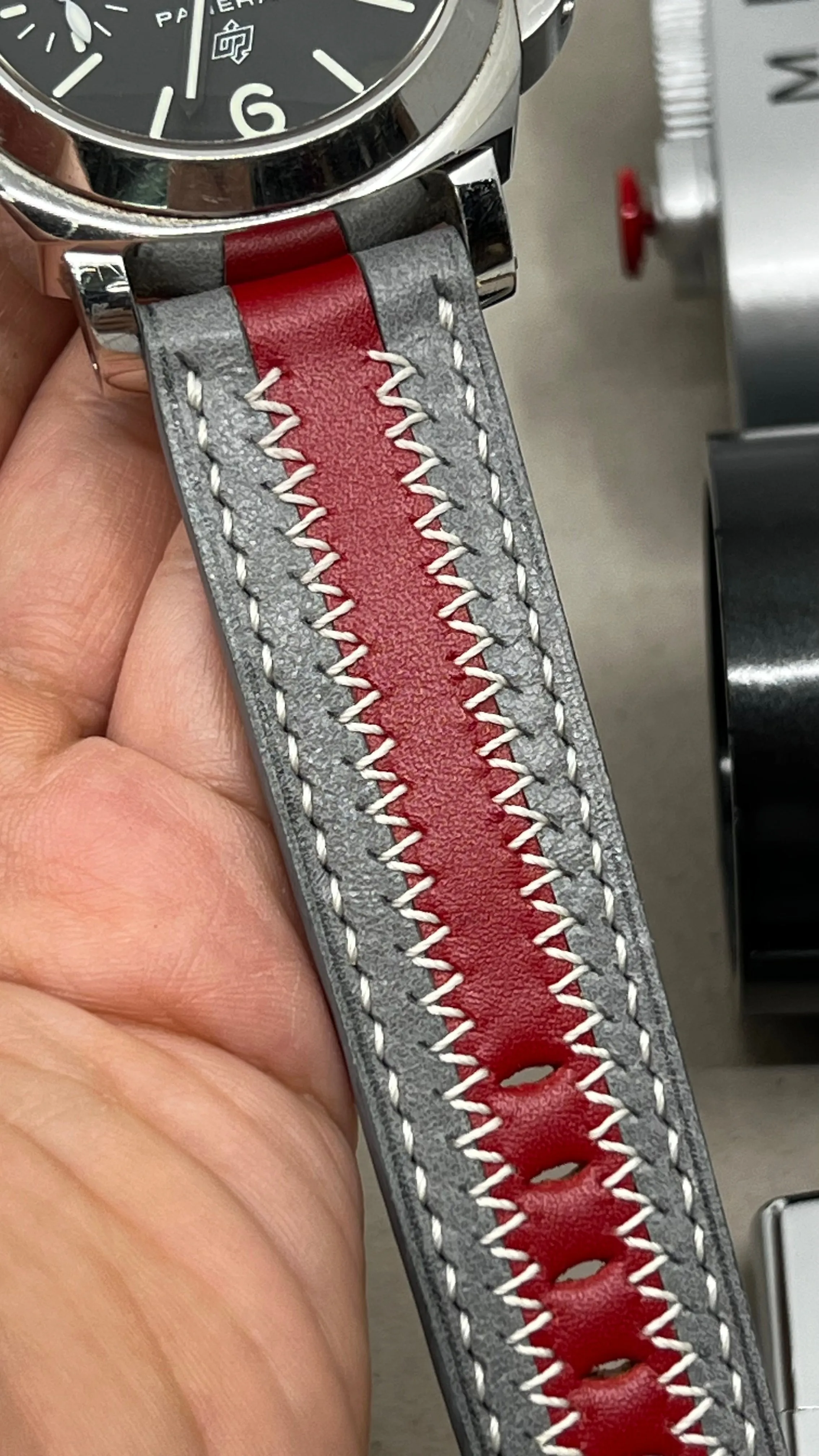 Watch Strap, Grey Red Stripe Leather Watch Band, Handmade watchband, Watch strap 24mm, zic zac pattern watchstrap, Fathers Day Gift Ideas