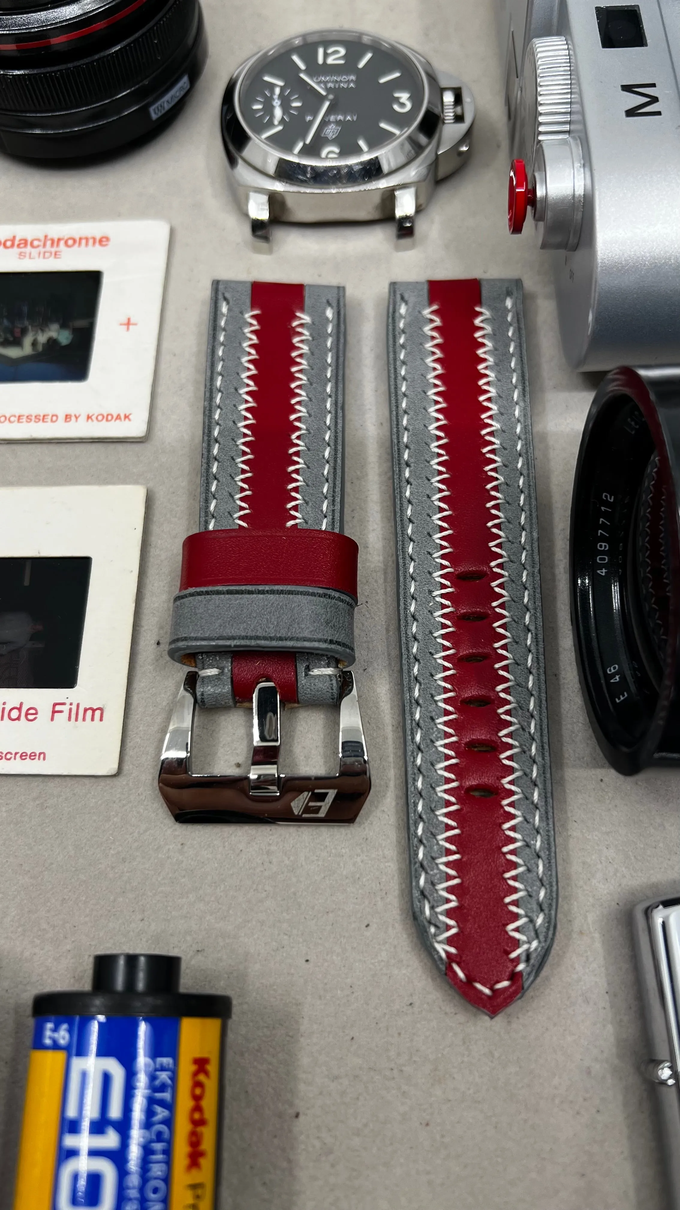 Watch Strap, Grey Red Stripe Leather Watch Band, Handmade watchband, Watch strap 24mm, zic zac pattern watchstrap, Fathers Day Gift Ideas