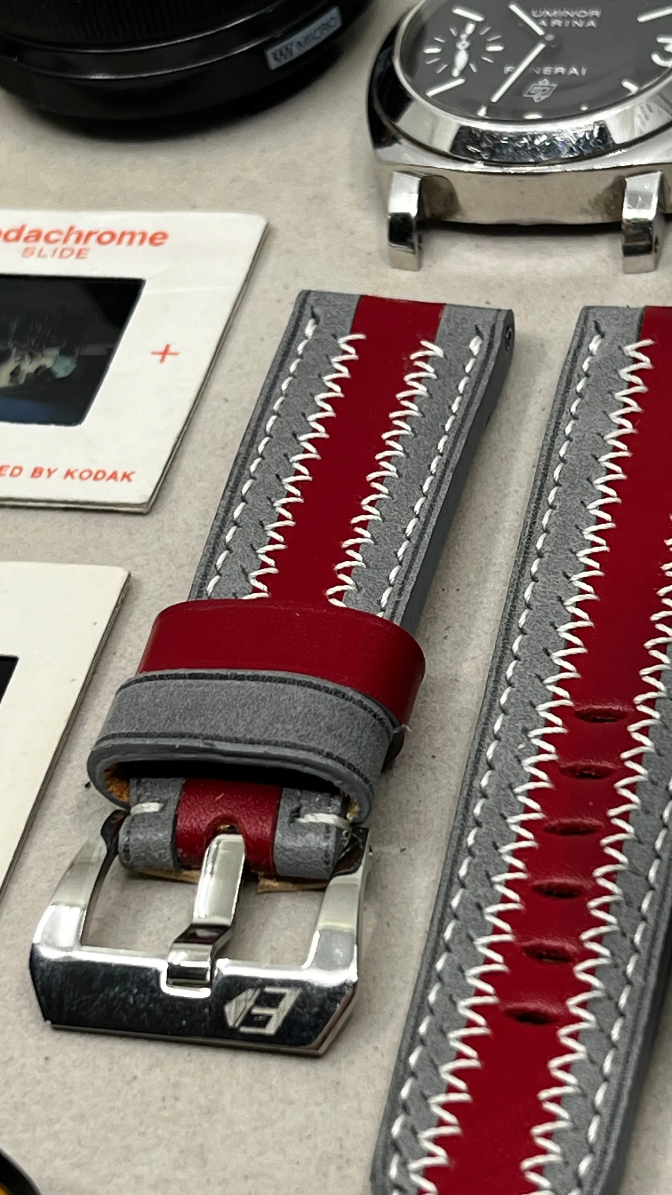 Watch Strap, Grey Red Stripe Leather Watch Band, Handmade watchband, Watch strap 24mm, zic zac pattern watchstrap, Fathers Day Gift Ideas