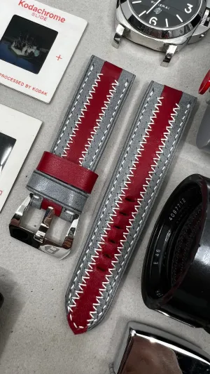 Watch Strap, Grey Red Stripe Leather Watch Band, Handmade watchband, Watch strap 24mm, zic zac pattern watchstrap, Fathers Day Gift Ideas