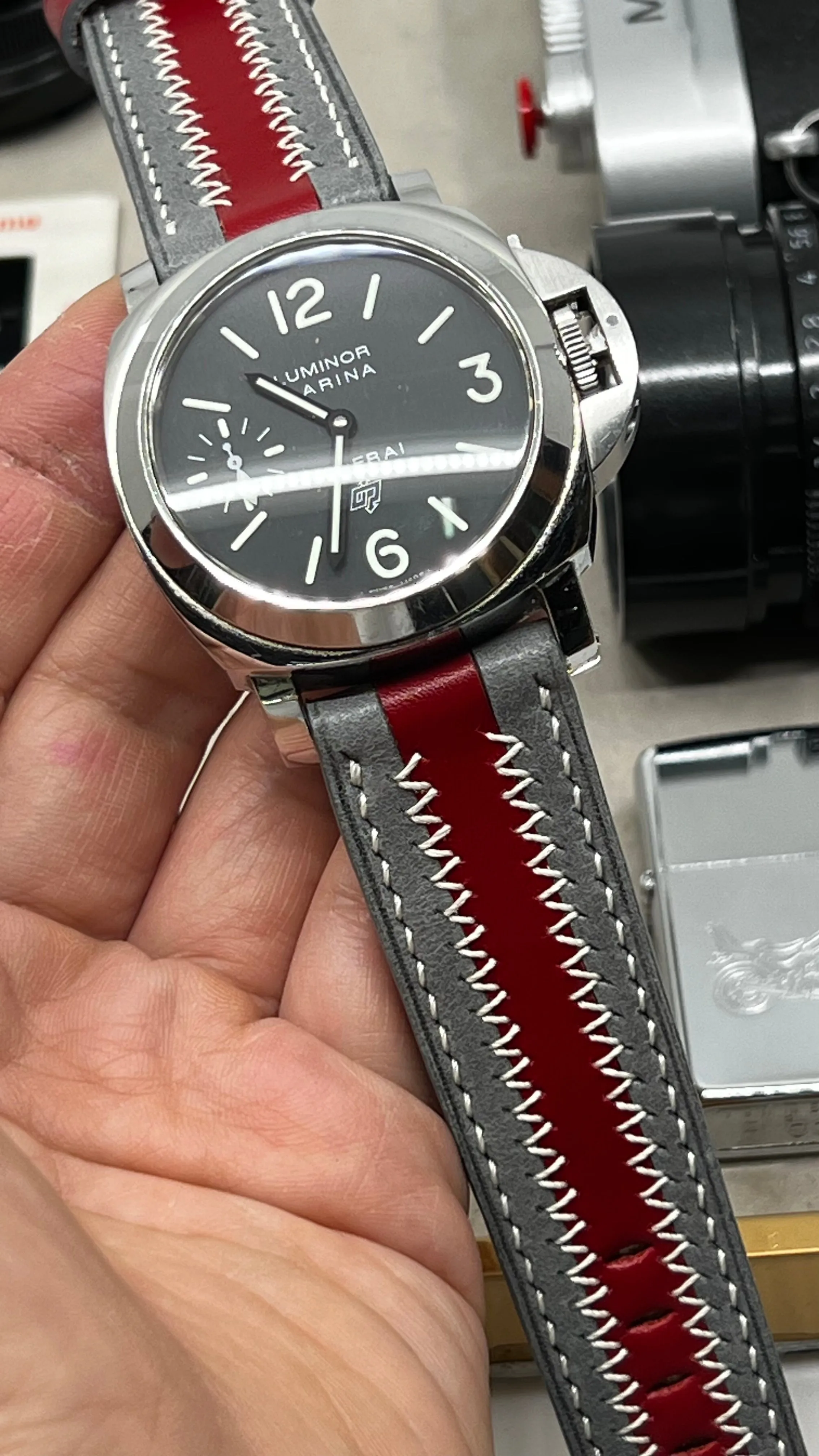 Watch Strap, Grey Red Stripe Leather Watch Band, Handmade watchband, Watch strap 24mm, zic zac pattern watchstrap, Fathers Day Gift Ideas