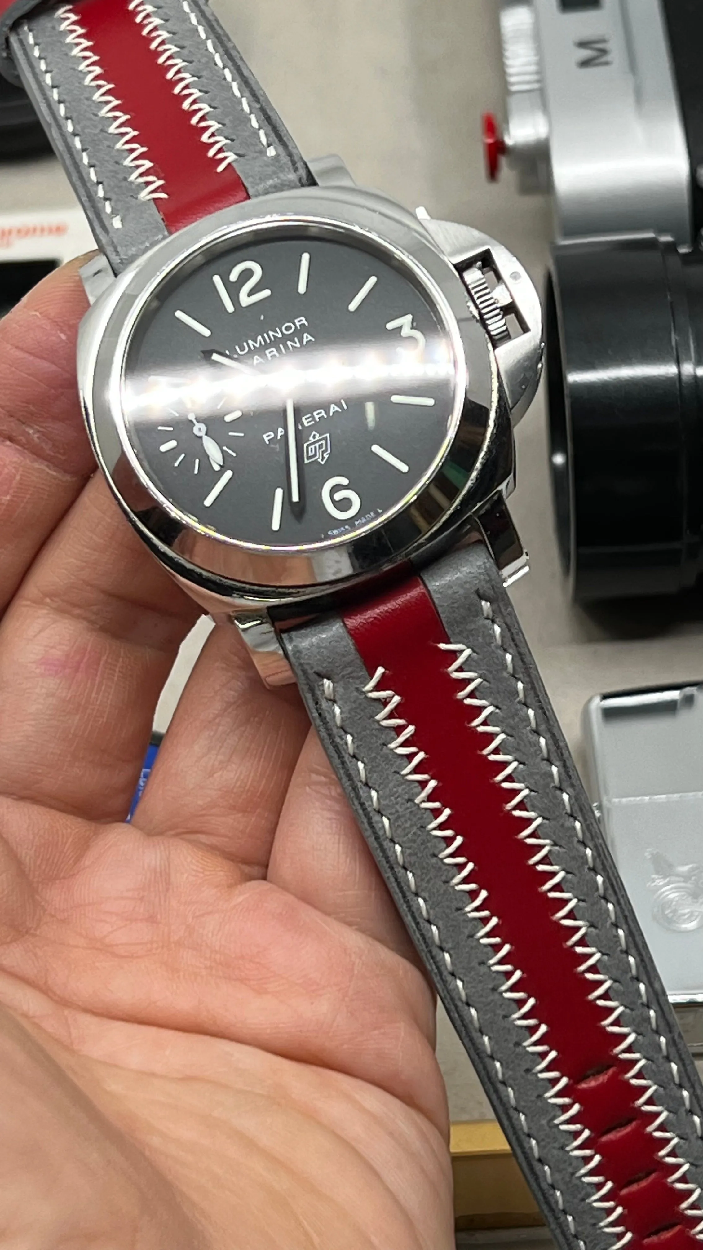 Watch Strap, Grey Red Stripe Leather Watch Band, Handmade watchband, Watch strap 24mm, zic zac pattern watchstrap, Fathers Day Gift Ideas