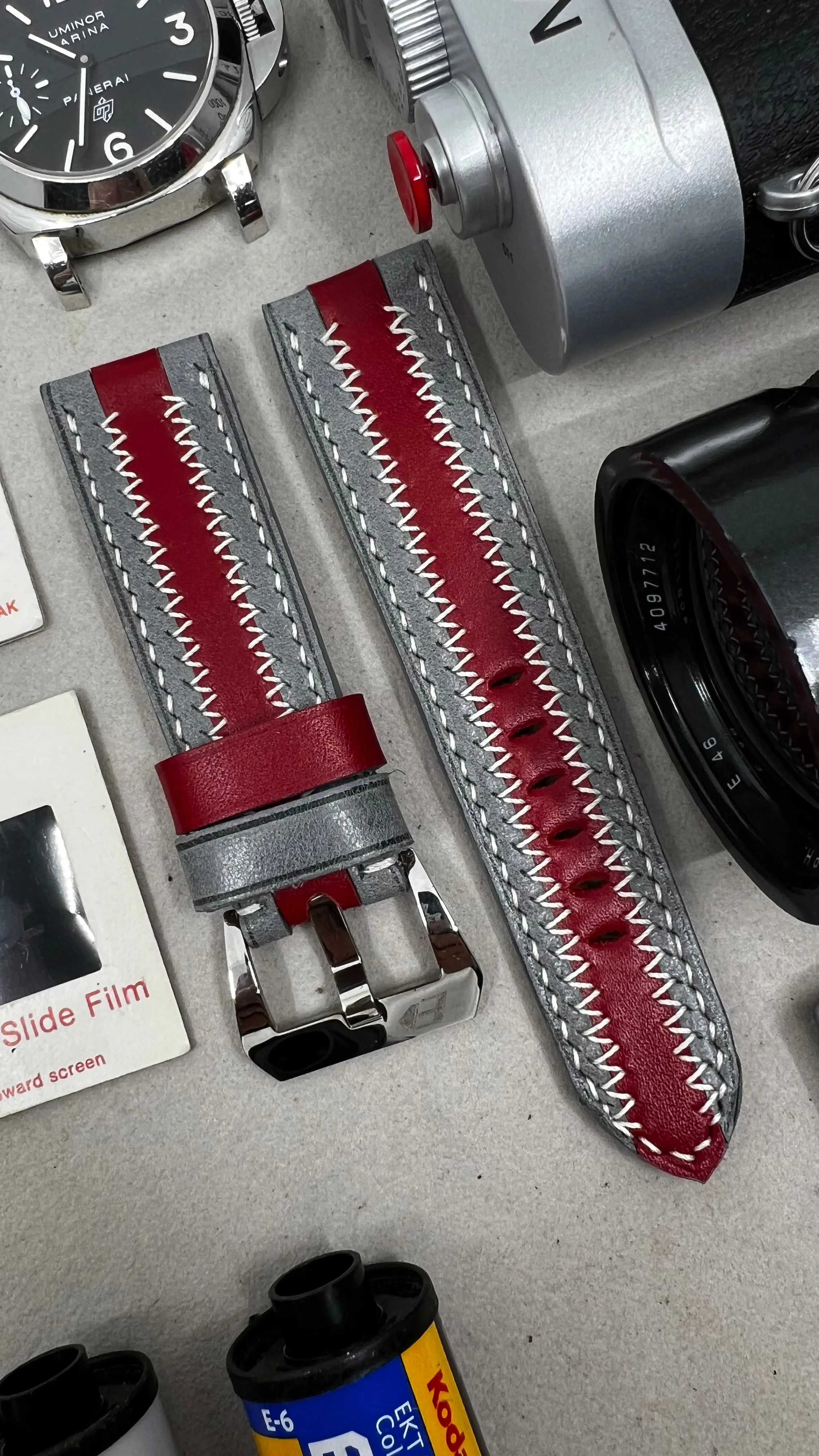 Watch Strap, Grey Red Stripe Leather Watch Band, Handmade watchband, Watch strap 24mm, zic zac pattern watchstrap, Fathers Day Gift Ideas