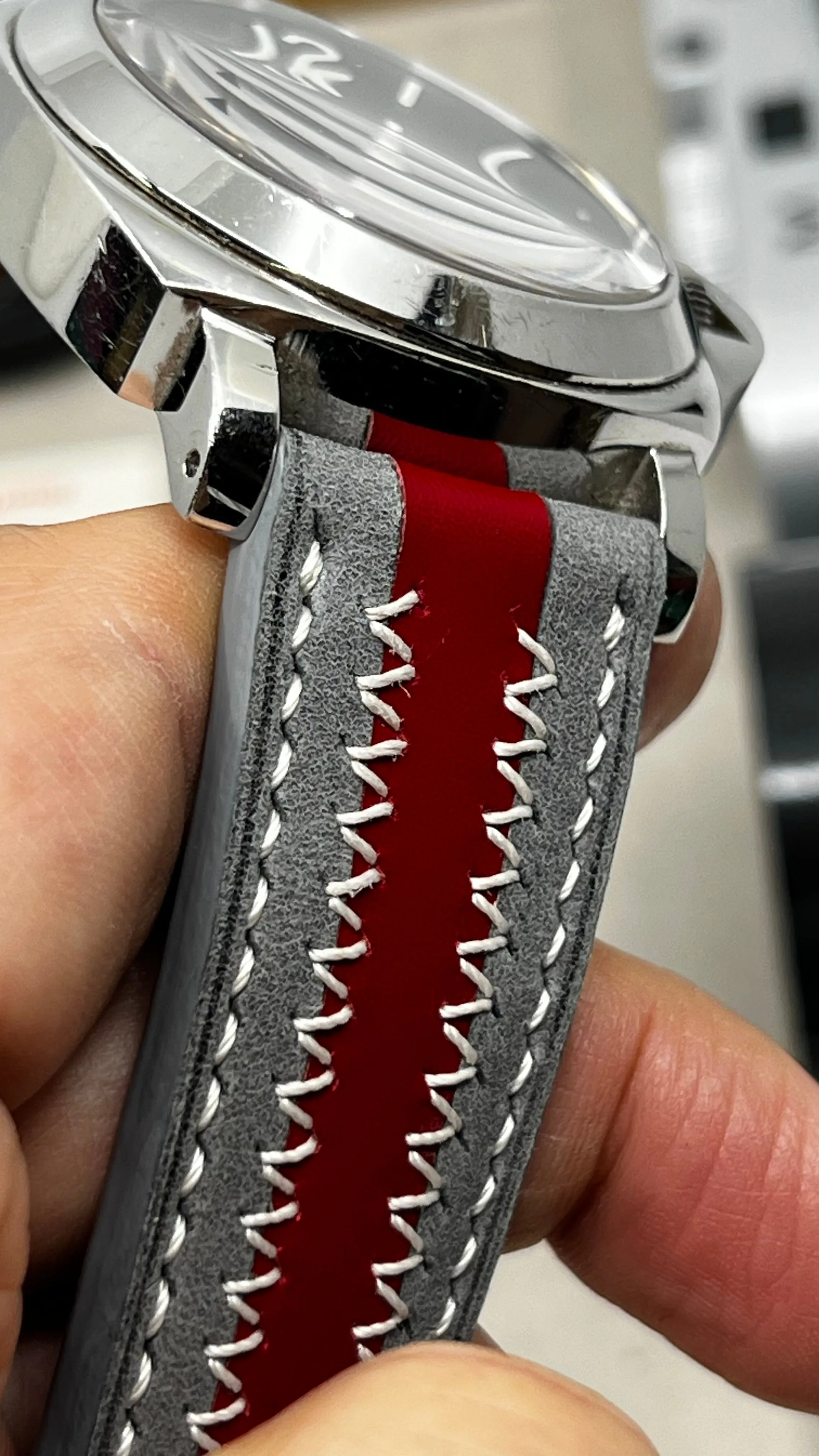 Watch Strap, Grey Red Stripe Leather Watch Band, Handmade watchband, Watch strap 24mm, zic zac pattern watchstrap, Fathers Day Gift Ideas