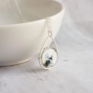 Watercolor Necklace, silver teardrop pendant, blue grey white yellow pendant, delicate silver chain, splotch teardrop pendant, alcohol ink style picture, art necklace