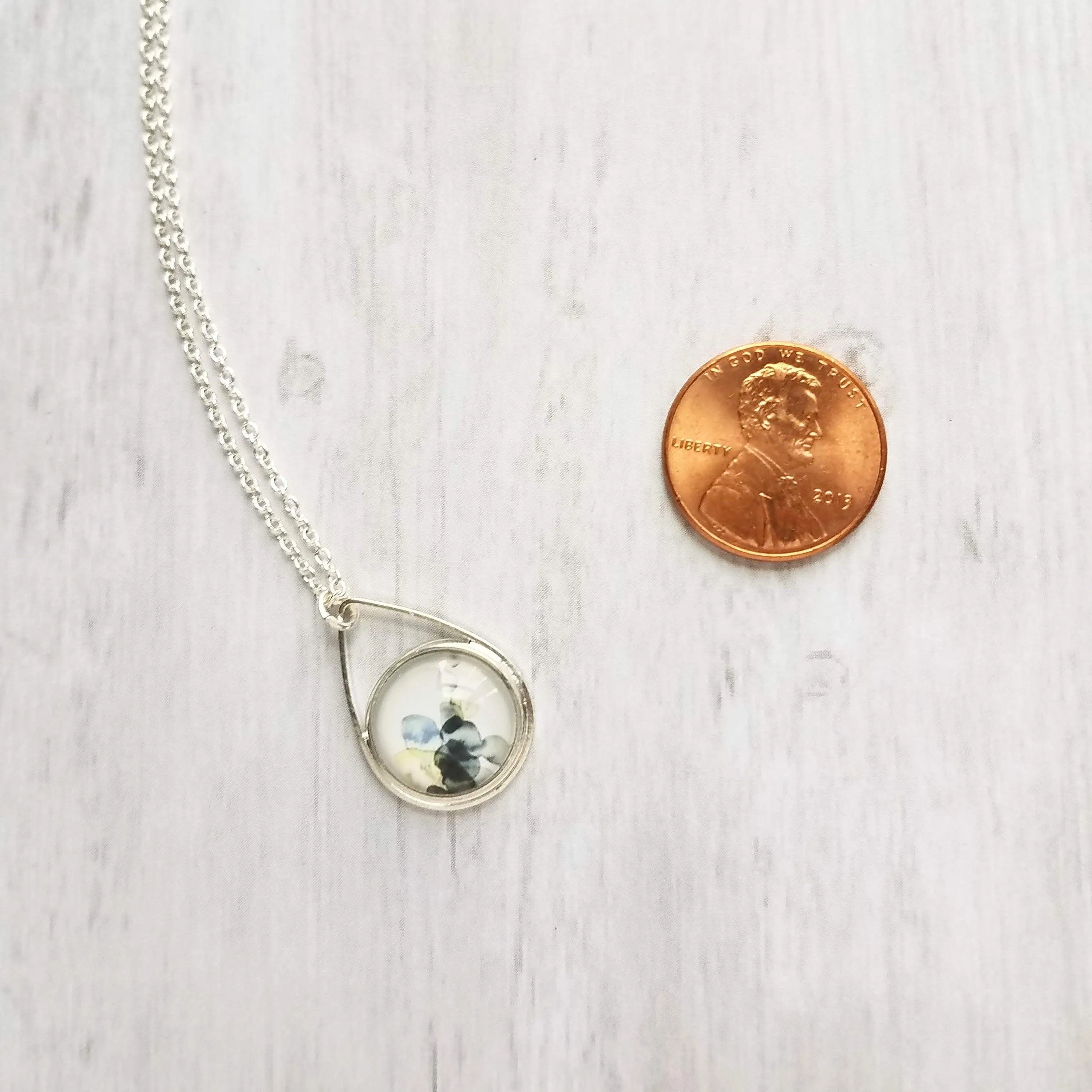 Watercolor Necklace, silver teardrop pendant, blue grey white yellow pendant, delicate silver chain, splotch teardrop pendant, alcohol ink style picture, art necklace