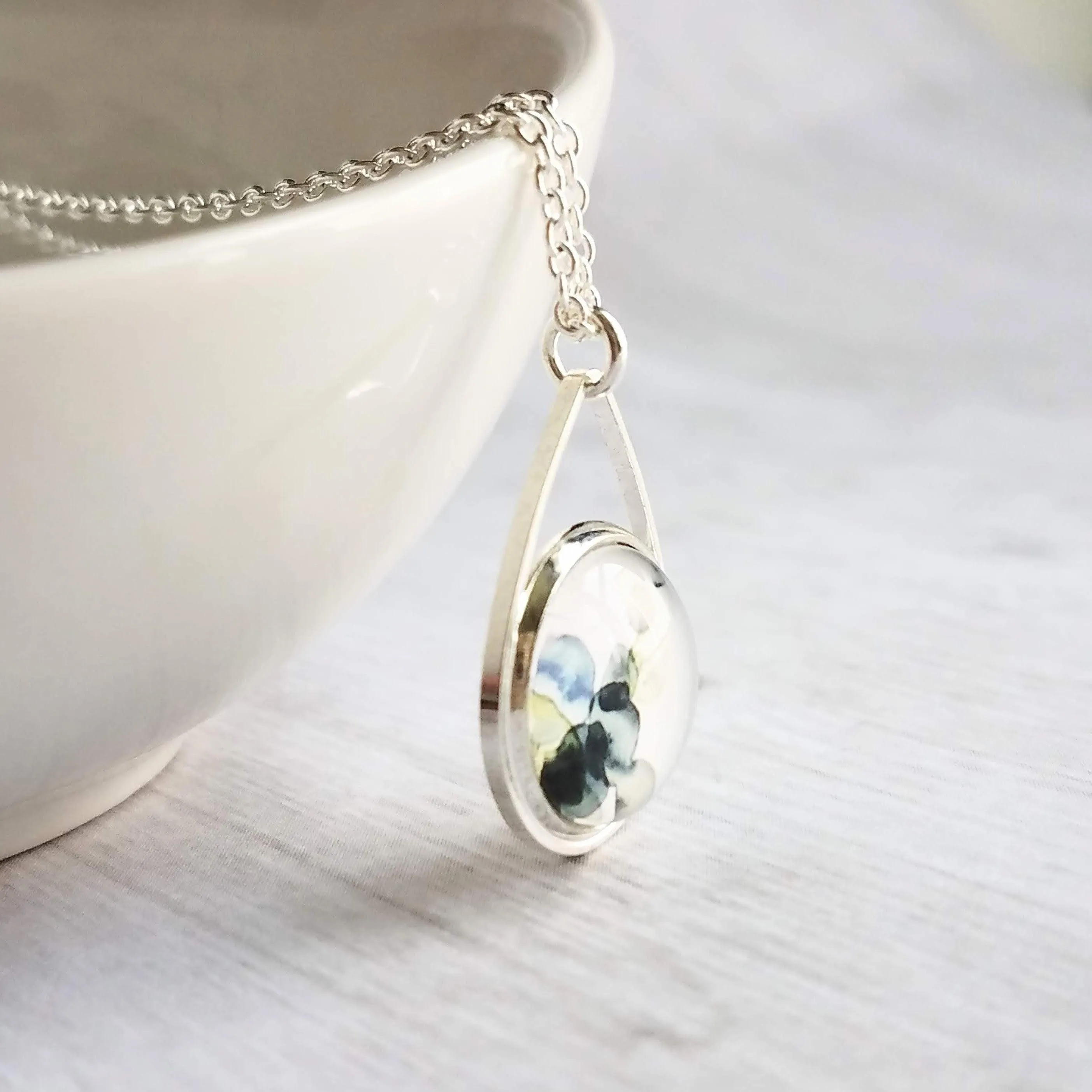 Watercolor Necklace, silver teardrop pendant, blue grey white yellow pendant, delicate silver chain, splotch teardrop pendant, alcohol ink style picture, art necklace