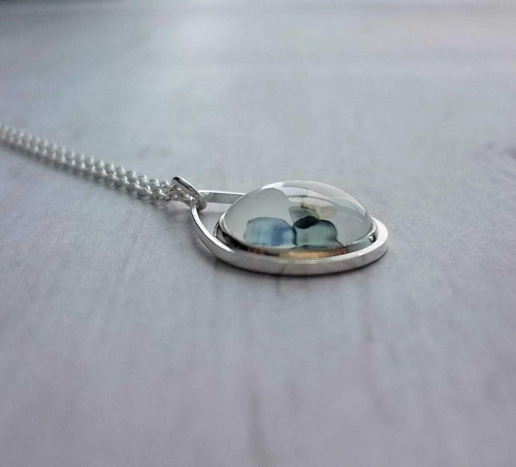 Watercolor Necklace, silver teardrop pendant, blue grey white yellow pendant, delicate silver chain, splotch teardrop pendant, alcohol ink style picture, art necklace