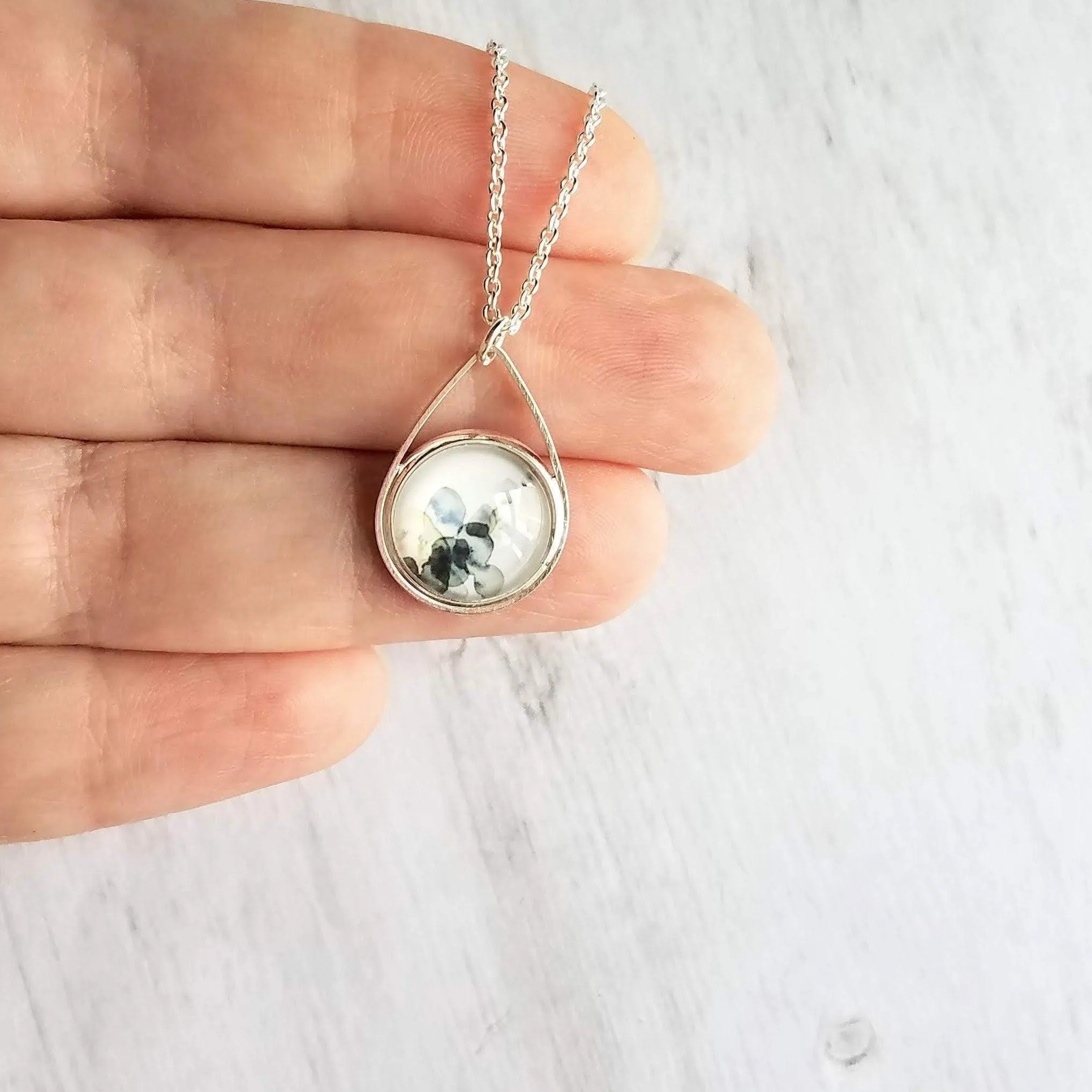 Watercolor Necklace, silver teardrop pendant, blue grey white yellow pendant, delicate silver chain, splotch teardrop pendant, alcohol ink style picture, art necklace