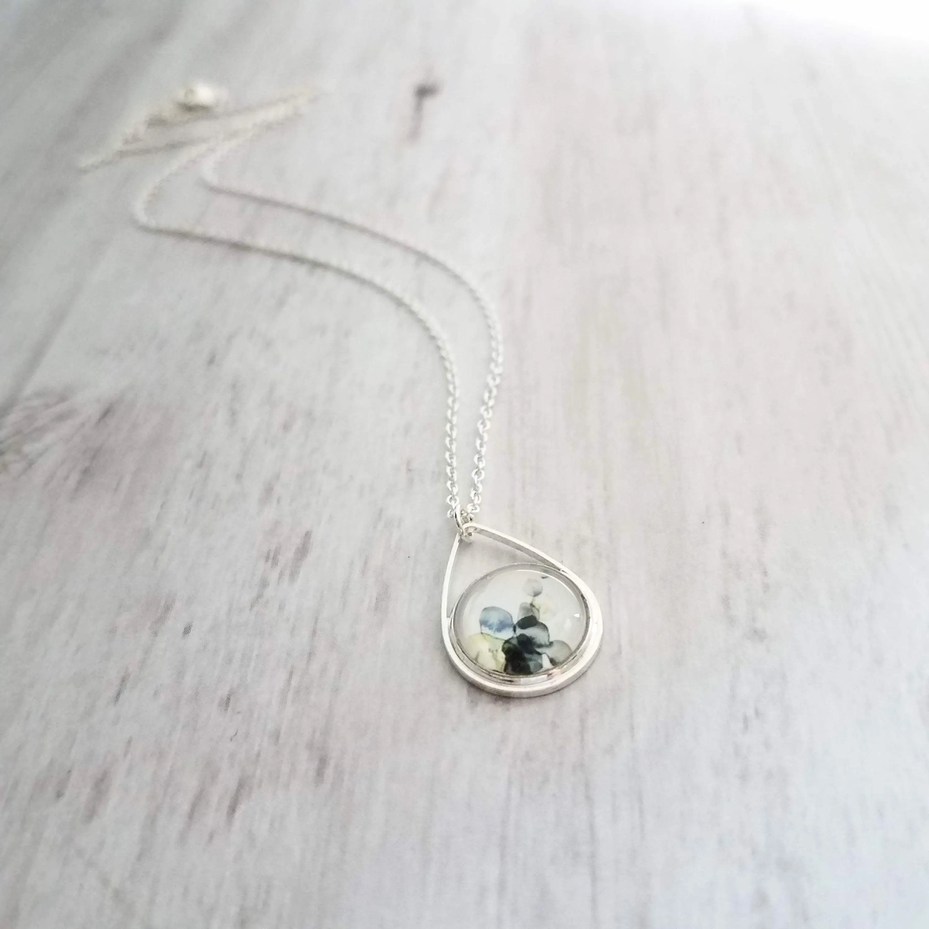 Watercolor Necklace, silver teardrop pendant, blue grey white yellow pendant, delicate silver chain, splotch teardrop pendant, alcohol ink style picture, art necklace