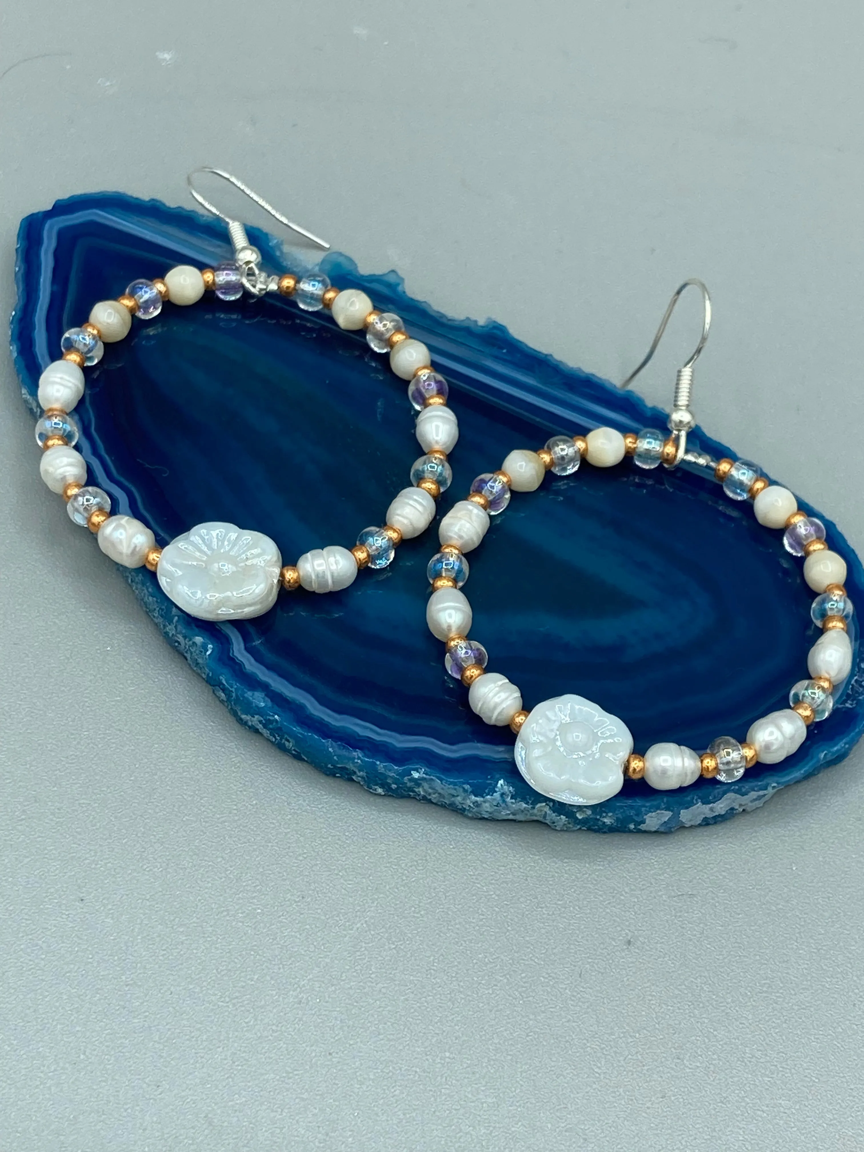 White Floral Glass Beaded Hoop Earrings, Hippie Vibe, Shabby Chic, Boho Chic, Nature Inspired, Bohemian