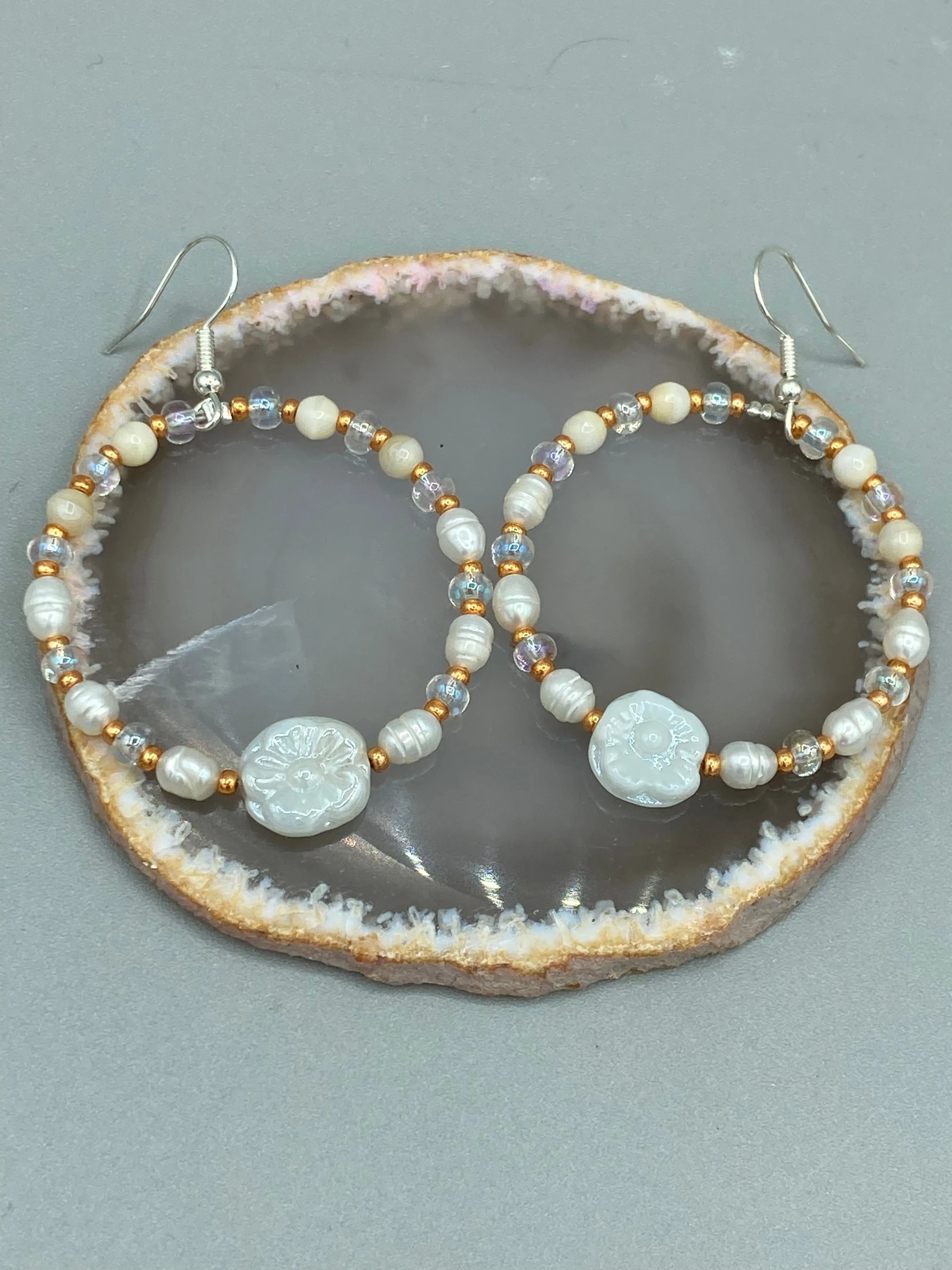 White Floral Glass Beaded Hoop Earrings, Hippie Vibe, Shabby Chic, Boho Chic, Nature Inspired, Bohemian