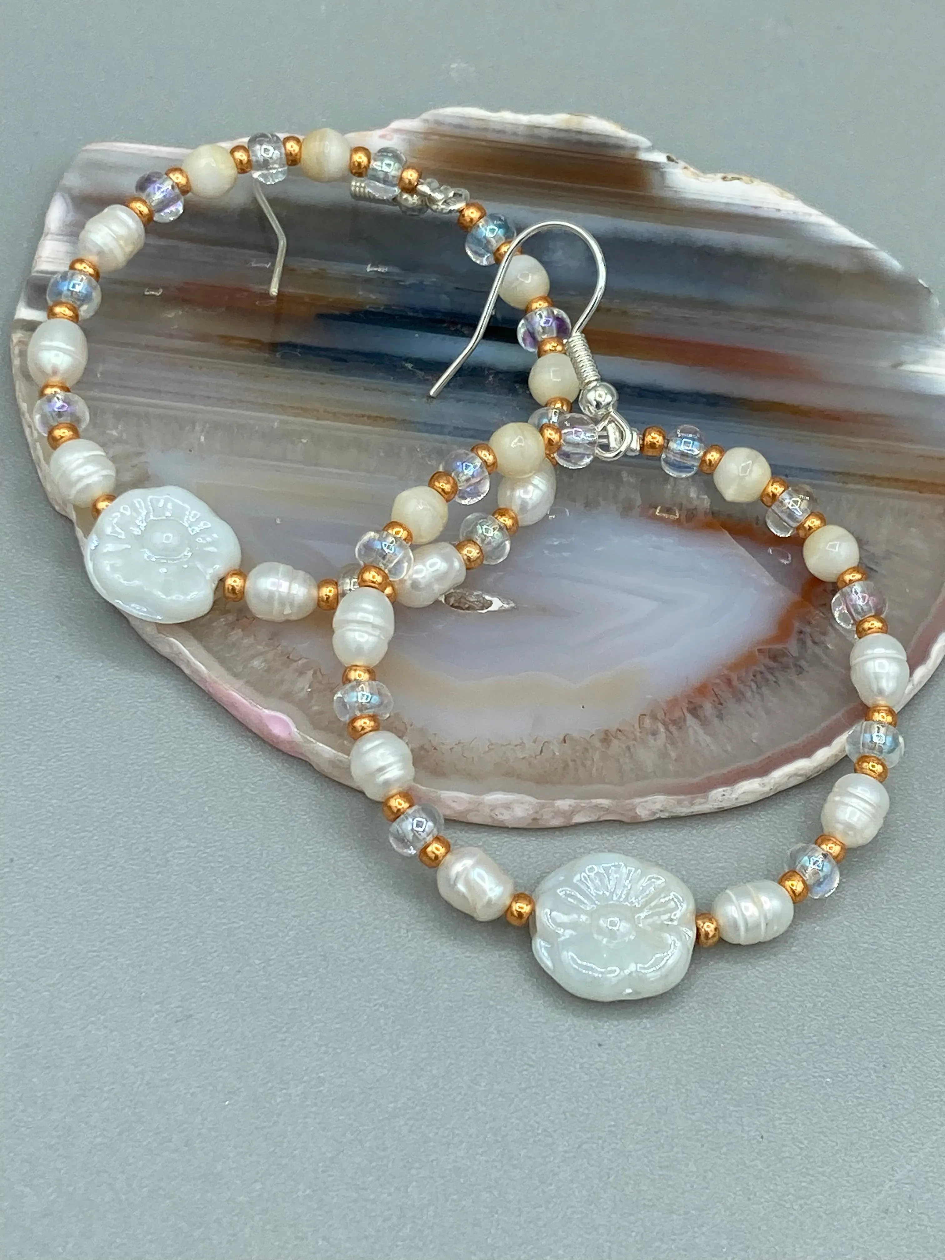 White Floral Glass Beaded Hoop Earrings, Hippie Vibe, Shabby Chic, Boho Chic, Nature Inspired, Bohemian